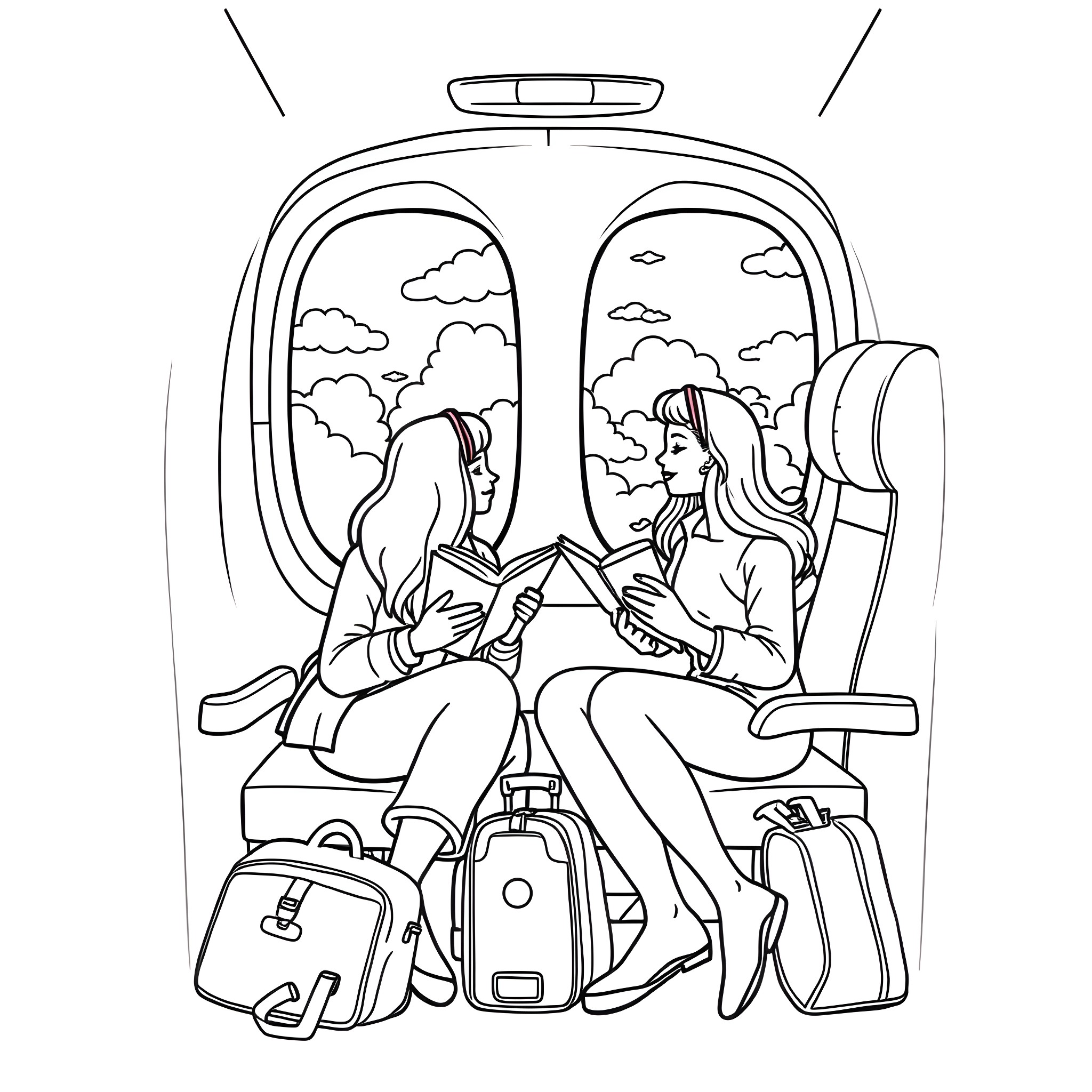 Friend enjoying travel and books on airplane Coloring Page (free black-and-white line drawing printable PDF for all, from beginners to advanced learners, including children, teens, adults, and seniors)