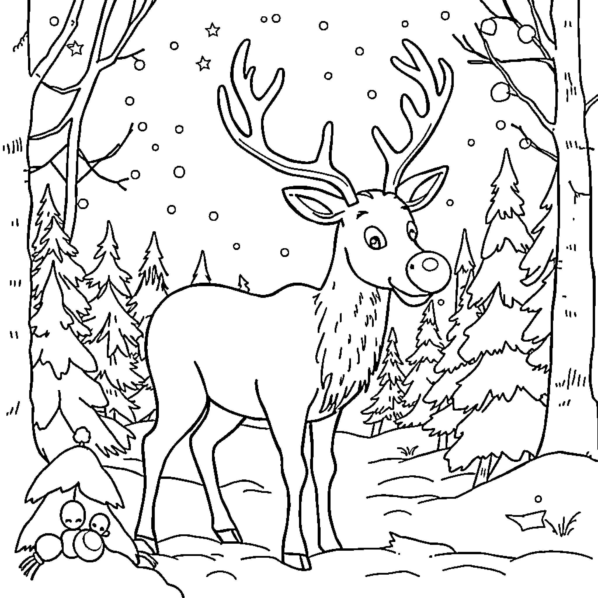 Rudolf's Snowy Forest Adventure Coloring Page (free black-and-white line drawing printable PDF for all, from beginners to advanced learners, including children, teens, adults, and seniors)