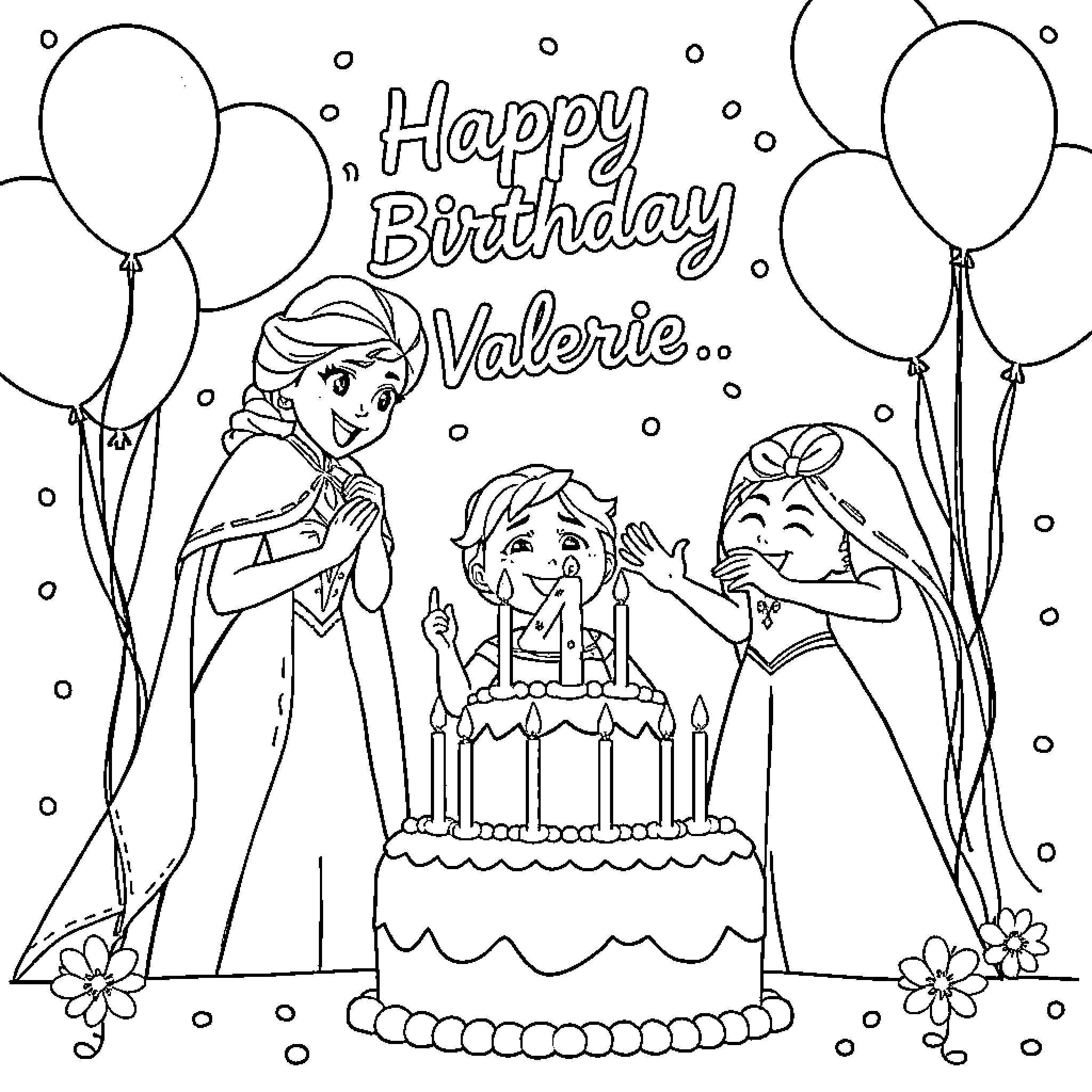 Elsa and Anna celebrating Valerie's birthday with cake and balloons Coloring Page (free black-and-white line drawing printable PDF for all, from beginners to advanced learners, including children, teens, adults, and seniors)