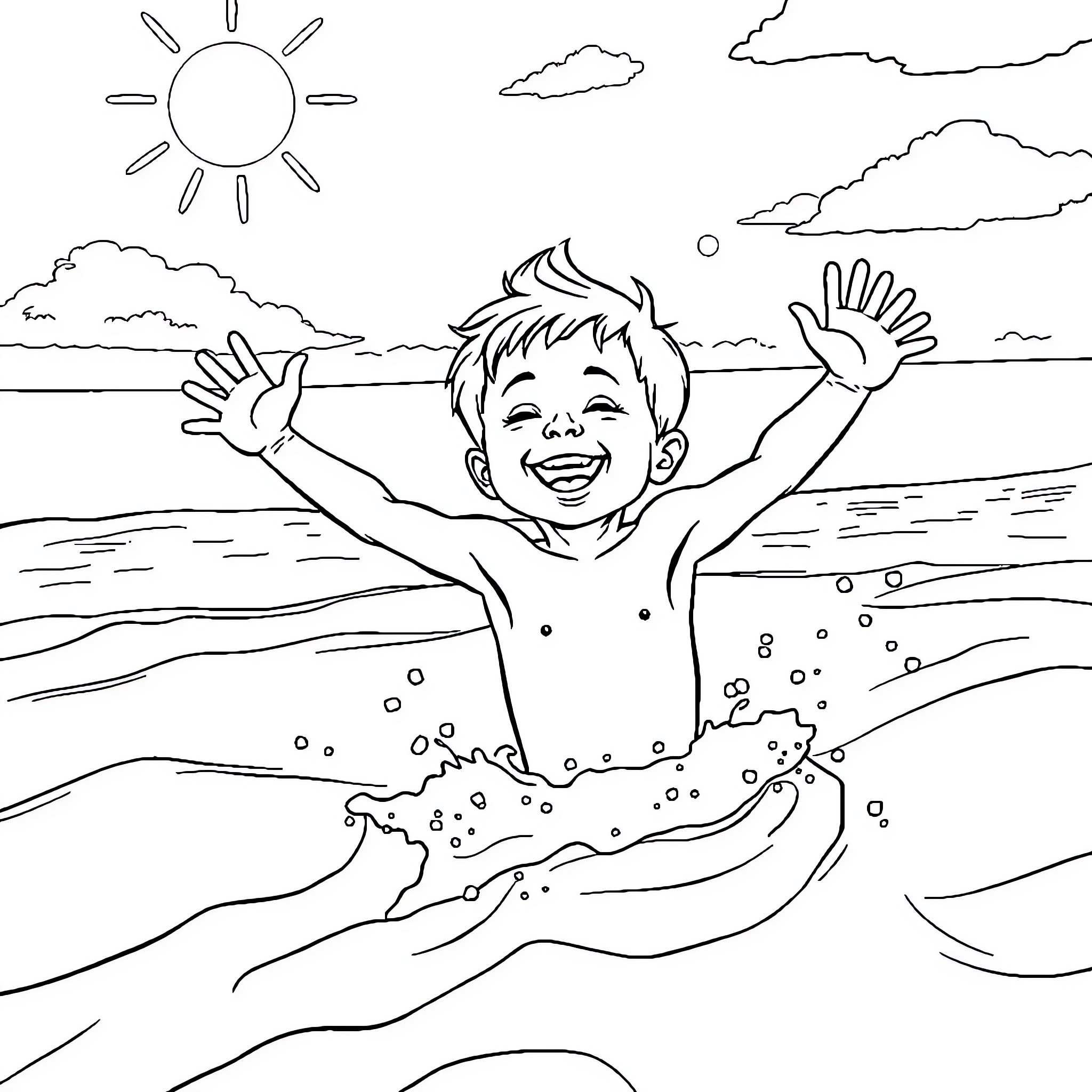 Child joyfully playing in the ocean Coloring Page (free black-and-white line drawing printable PDF for all, from beginners to advanced learners, including children, teens, adults, and seniors)