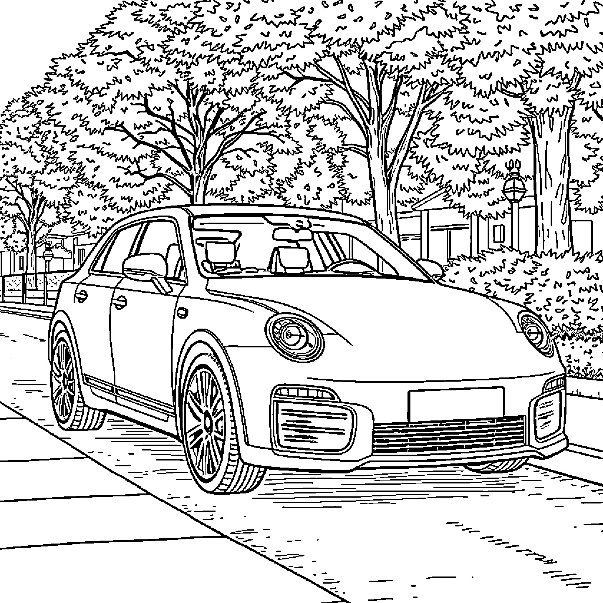 Furgoneta parked on quiet street with trees Coloring Page (free black-and-white line drawing printable PDF for all, from beginners to advanced learners, including children, teens, adults, and seniors)