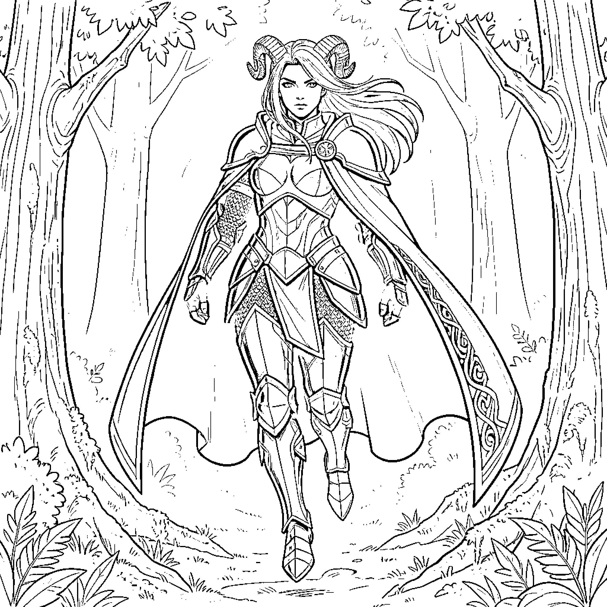 Warrior woman in armor walking through a forest Coloring Page (free black-and-white line drawing printable PDF for all, from beginners to advanced learners, including children, teens, adults, and seniors)