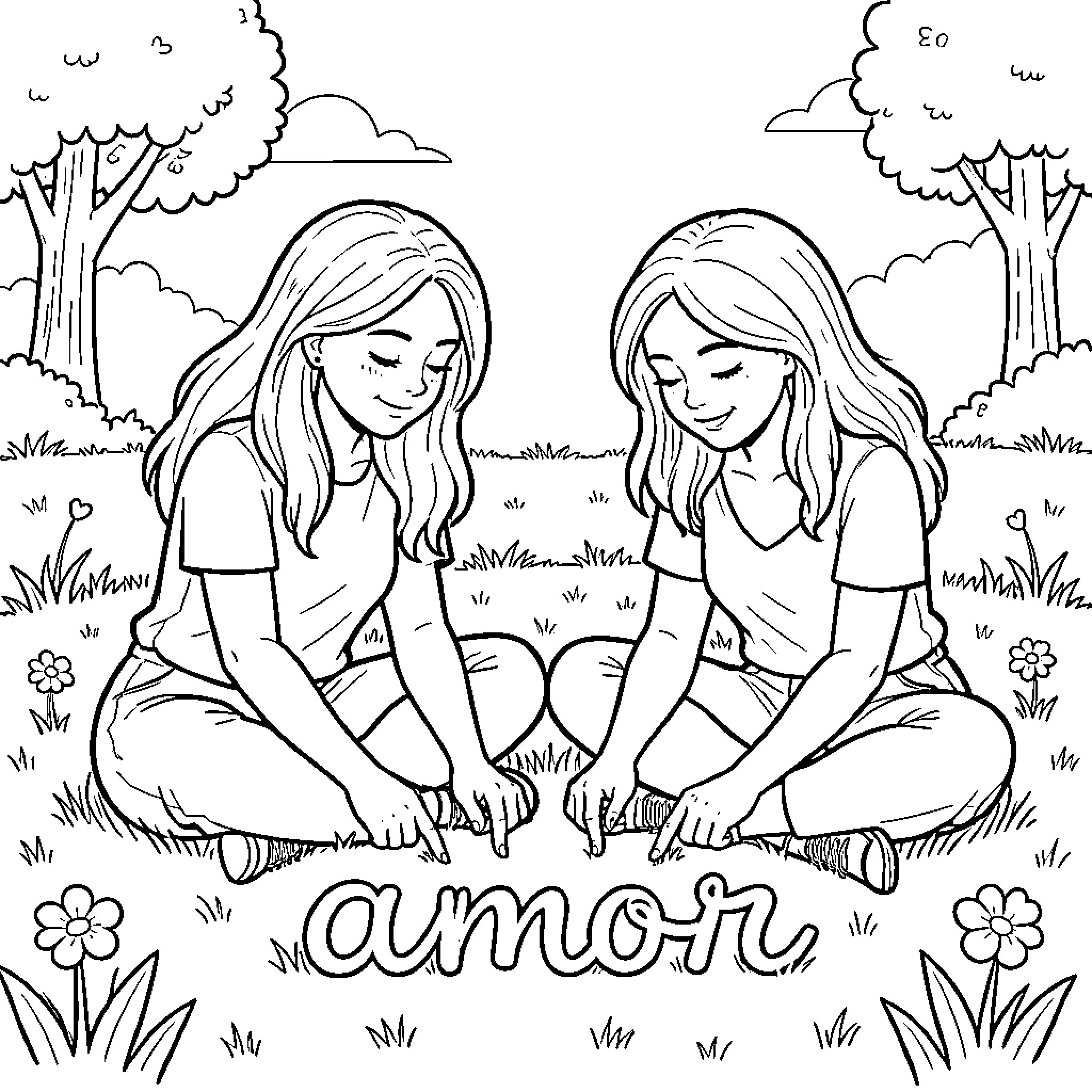 Friendship expressed by two girls sitting in a meadow Coloring Page (free black-and-white line drawing printable PDF for all, from beginners to advanced learners, including children, teens, adults, and seniors)