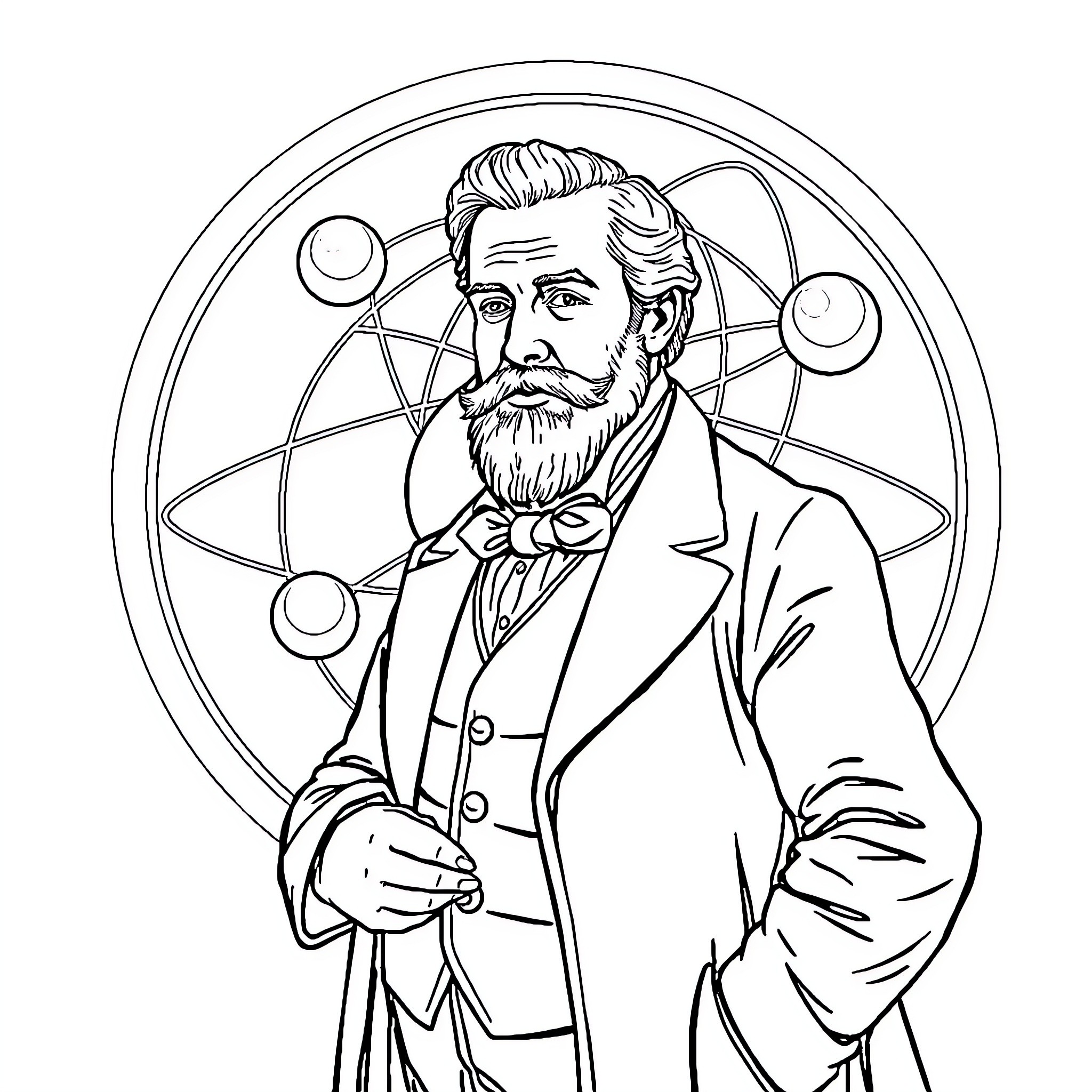 John Dalton surrounded by scientific diagrams Coloring Page (free black-and-white line drawing printable PDF for all, from beginners to advanced learners, including children, teens, adults, and seniors)
