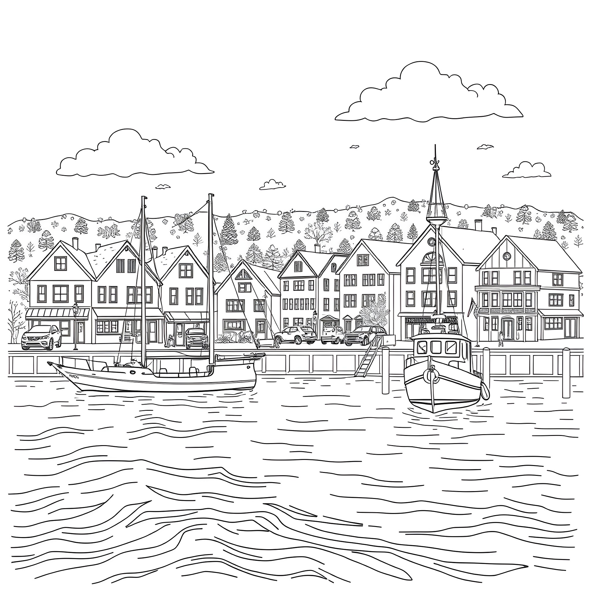 Escanaba harbor with ships and quaint houses Coloring Page (free black-and-white line drawing printable PDF for all, from beginners to advanced learners, including children, teens, adults, and seniors)