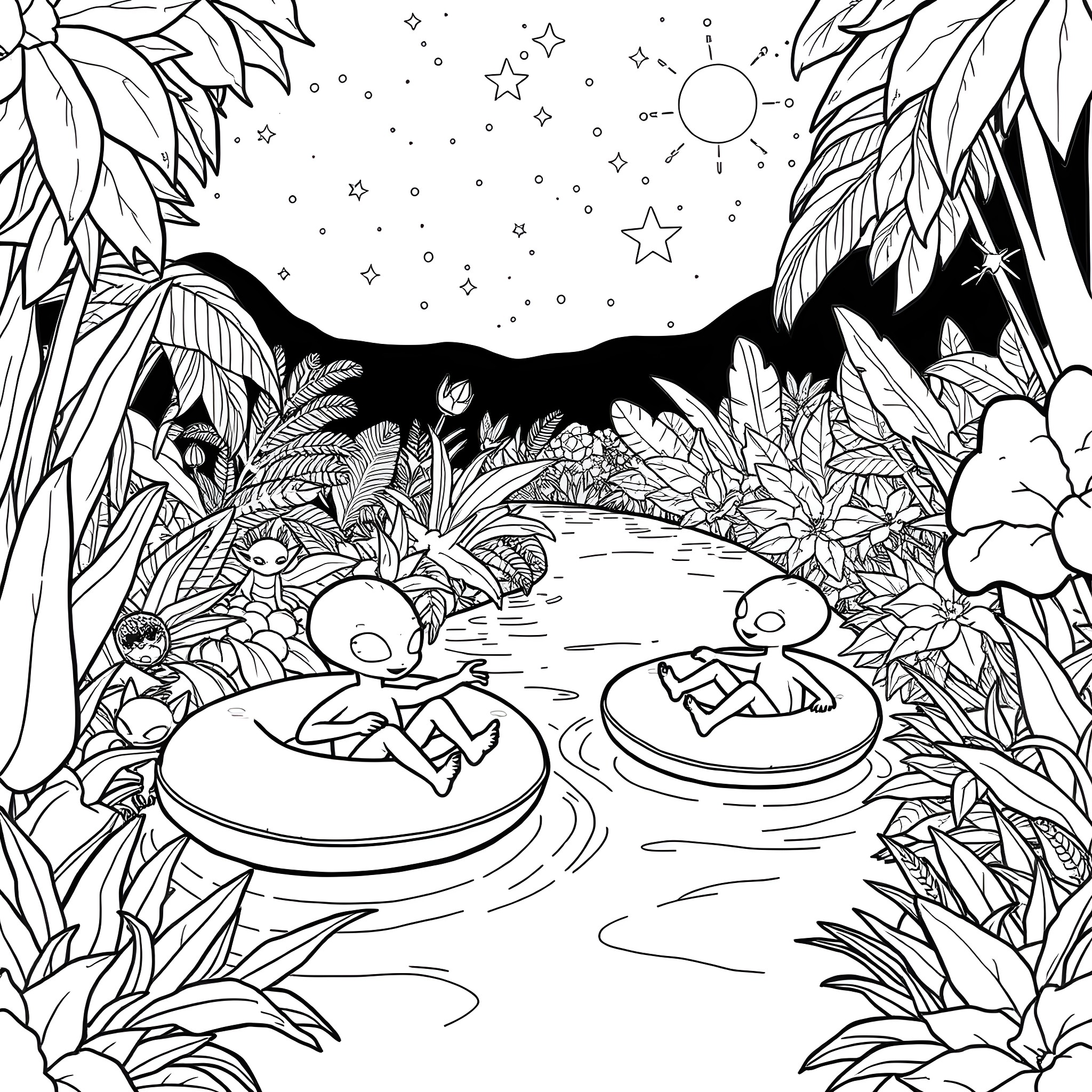 Alien creatures frolicking in a fantastical landscape Coloring Page (free black-and-white line drawing printable PDF for all, from beginners to advanced learners, including children, teens, adults, and seniors)