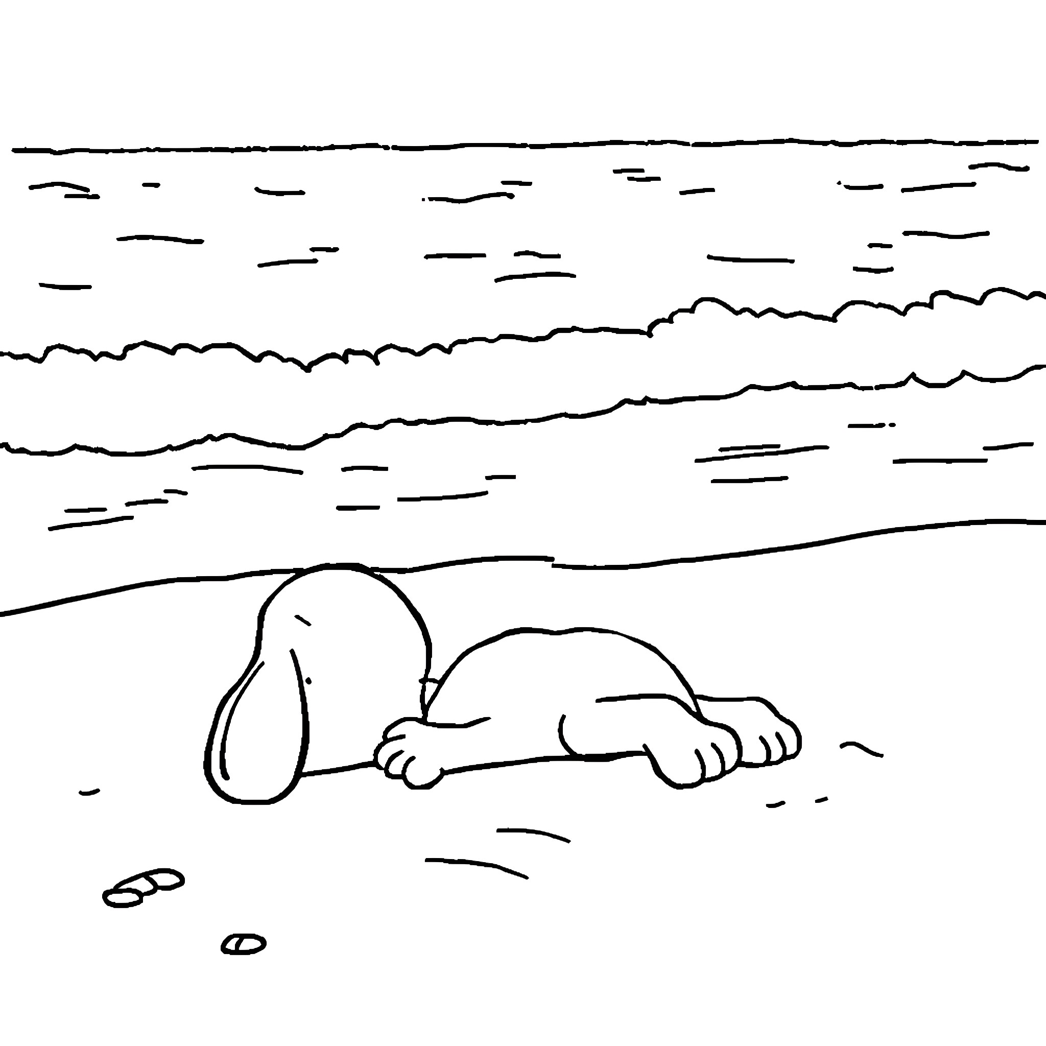 Snoopy resting peacefully on the beach Coloring Page (free black-and-white line drawing printable PDF for all, from beginners to advanced learners, including children, teens, adults, and seniors)