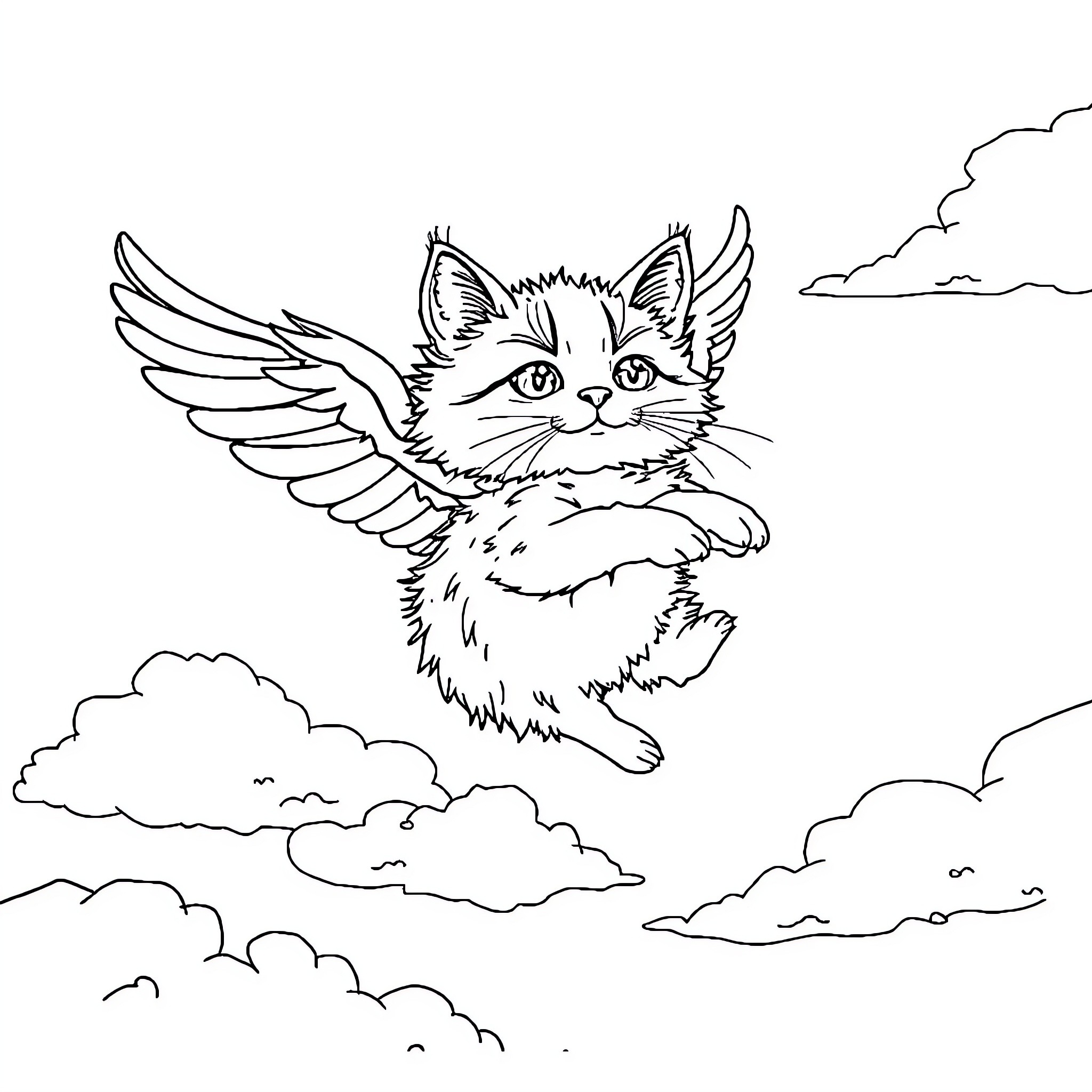 Flying Cat Soaring Through Cloudy Skies Coloring Page (free black-and-white line drawing printable PDF for all, from beginners to advanced learners, including children, teens, adults, and seniors)