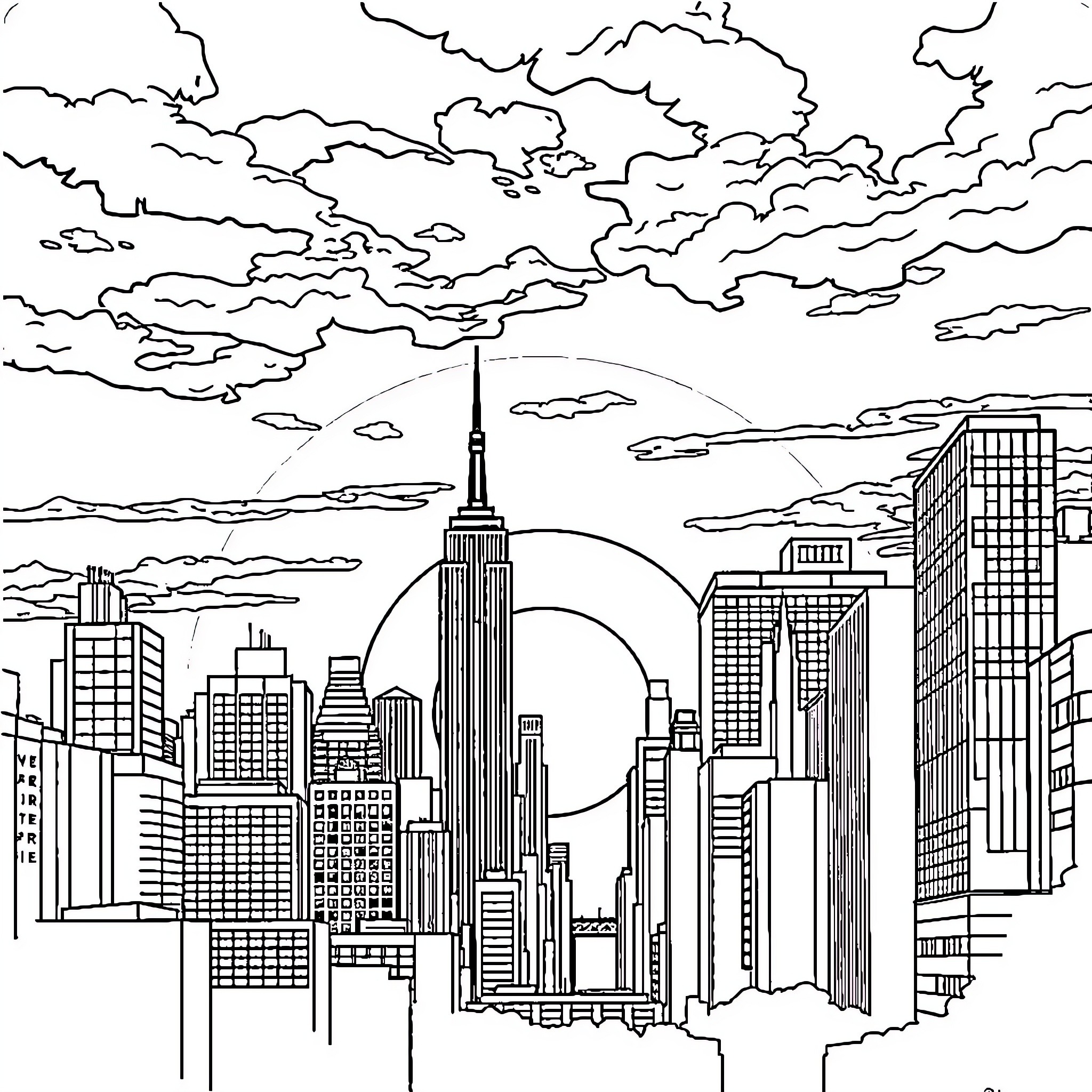 New York City skyline with towering skyscrapers and dramatic clouds Coloring Page (free black-and-white line drawing printable PDF for all, from beginners to advanced learners, including children, teens, adults, and seniors)