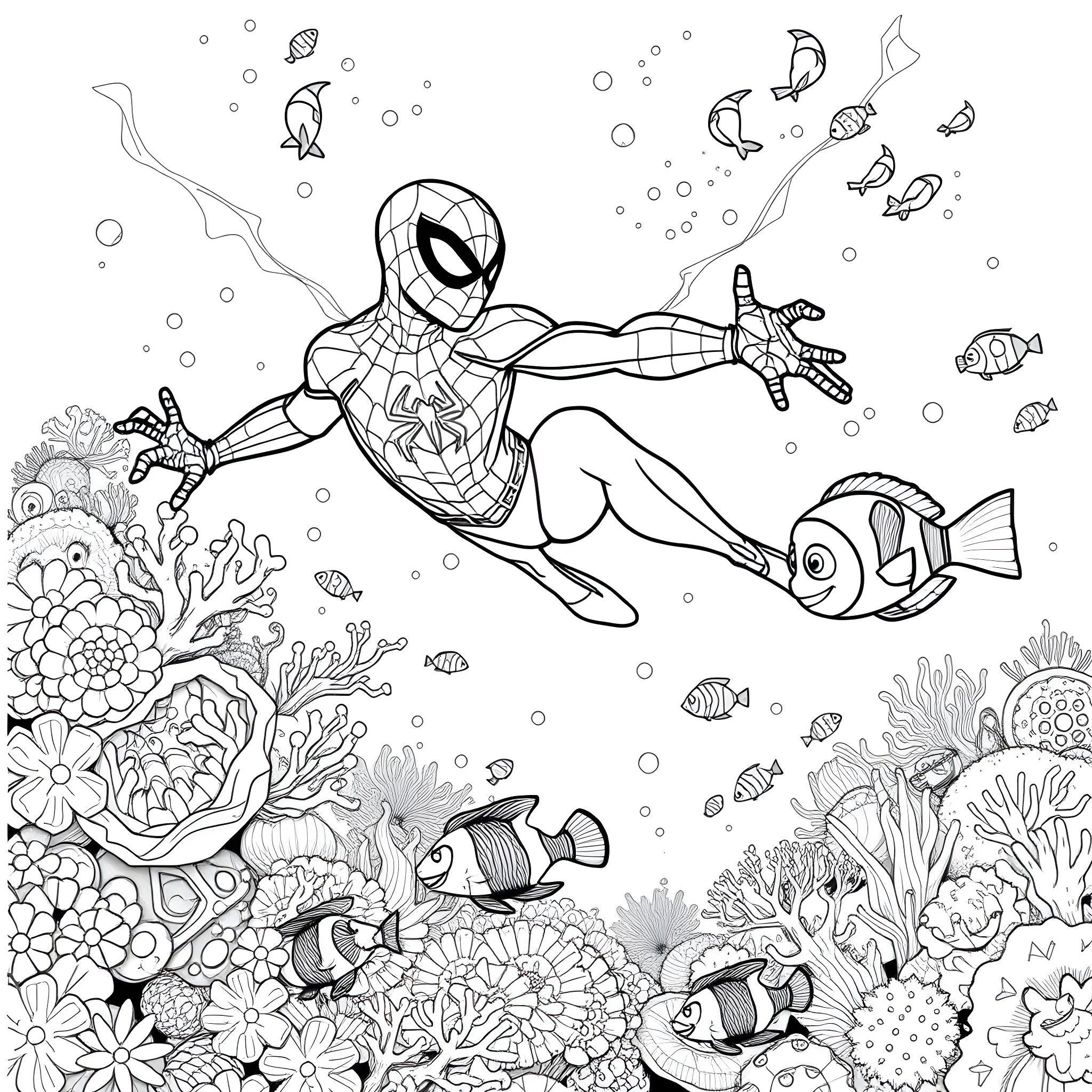 Spider-Man exploring an underwater coral reef scene Coloring Page (free black-and-white line drawing printable PDF for all, from beginners to advanced learners, including children, teens, adults, and seniors)