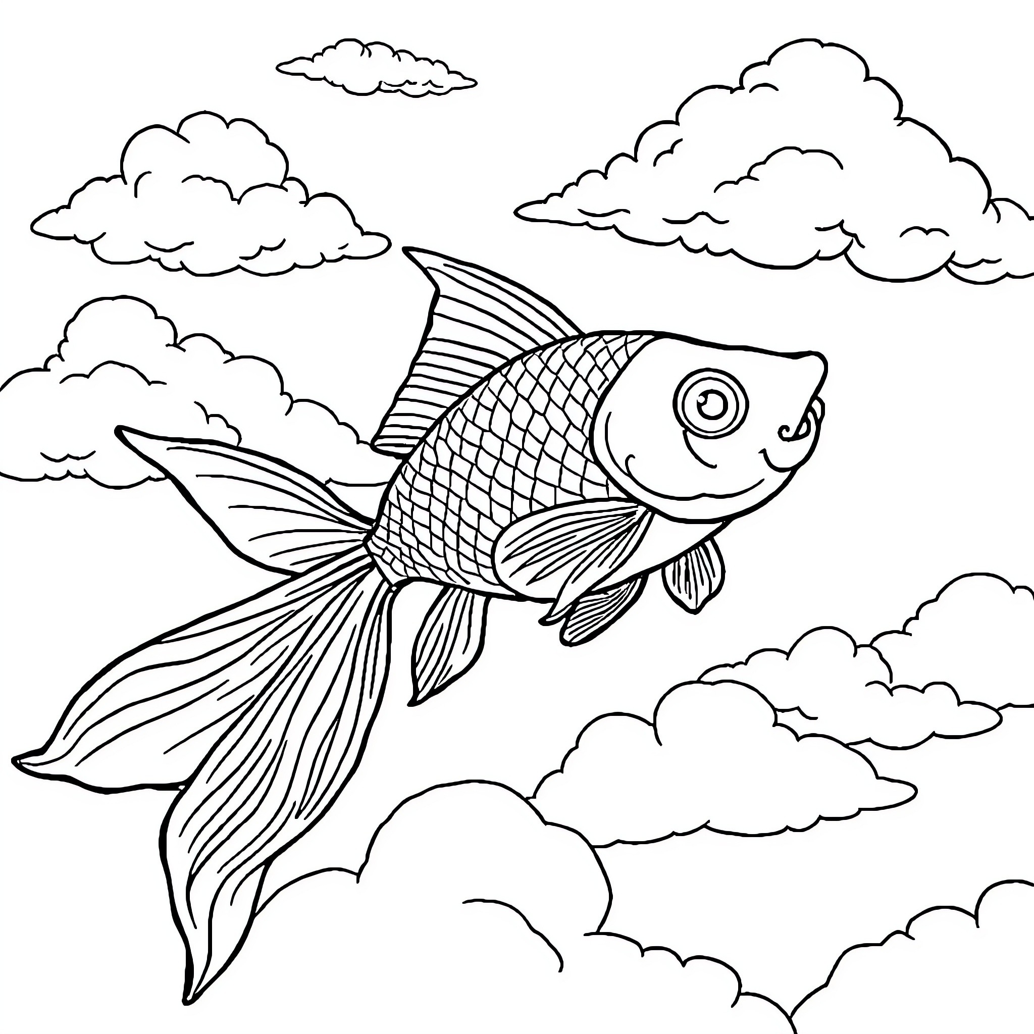Goldfish swimming playfully among cloudy skies Coloring Page (free black-and-white line drawing printable PDF for all, from beginners to advanced learners, including children, teens, adults, and seniors)