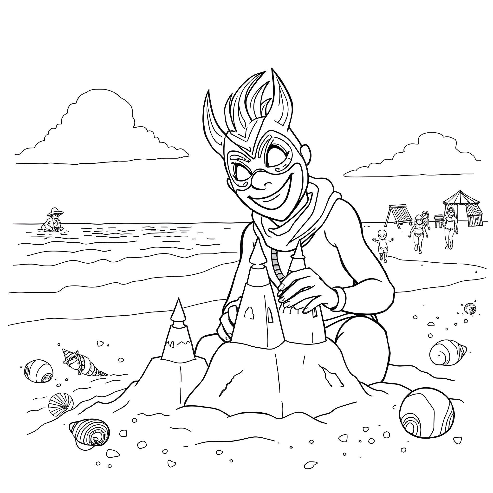 Mask Wearing Man Enjoying Seaside Beach Coloring Page (free black-and-white line drawing printable PDF for all, from beginners to advanced learners, including children, teens, adults, and seniors)