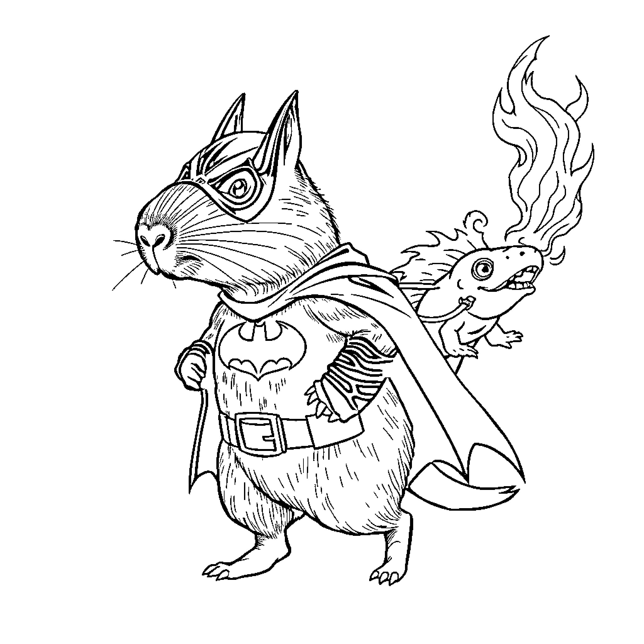 Capybara superhero with a sidekick Coloring Page (free black-and-white line drawing printable PDF for all, from beginners to advanced learners, including children, teens, adults, and seniors)