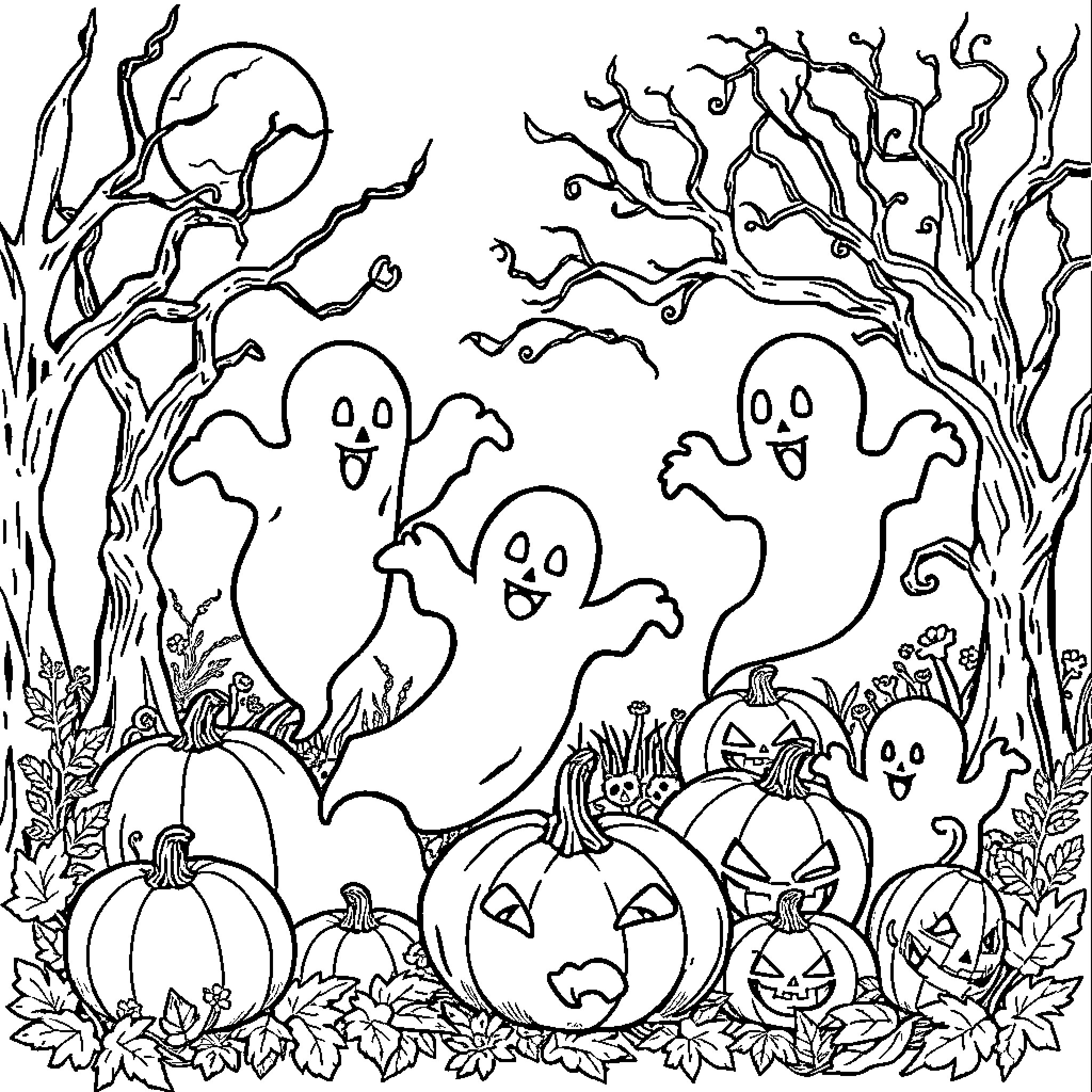 Halloween ghosts and pumpkins in spooky forest Coloring Page (free black-and-white line drawing printable PDF for all, from beginners to advanced learners, including children, teens, adults, and seniors)