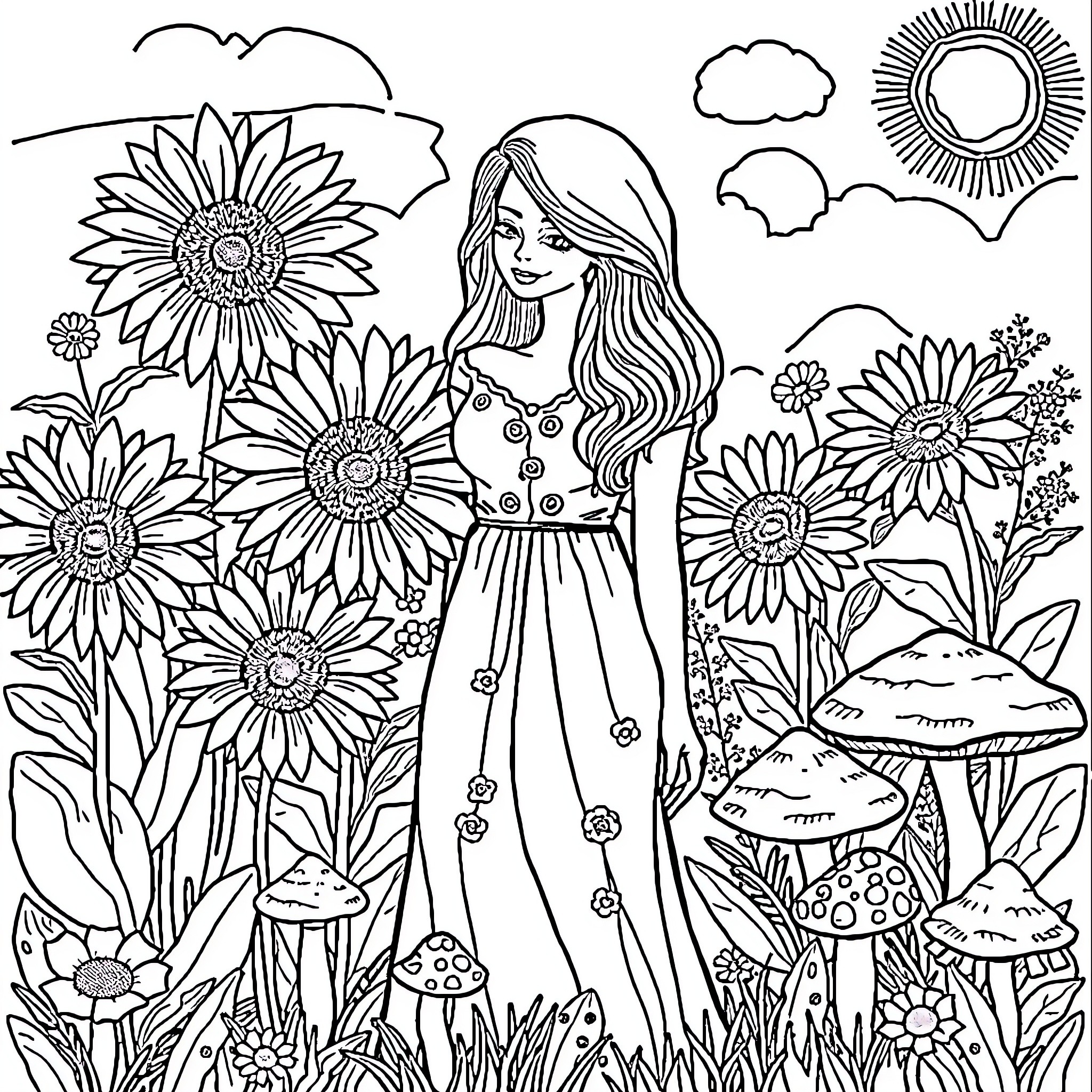 Wife in a Whimsical Garden Scene Coloring Page (free black-and-white line drawing printable PDF for all, from beginners to advanced learners, including children, teens, adults, and seniors)