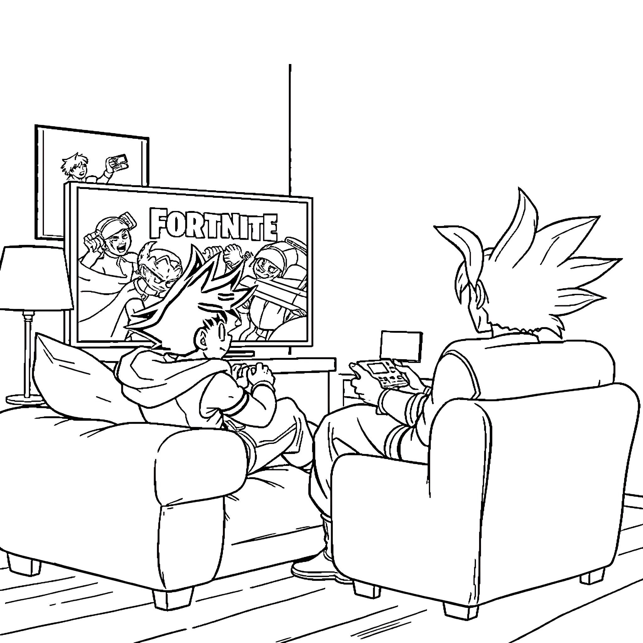 Gohan plays Fortnite with friends in living room Coloring Page (free black-and-white line drawing printable PDF for all, from beginners to advanced learners, including children, teens, adults, and seniors)