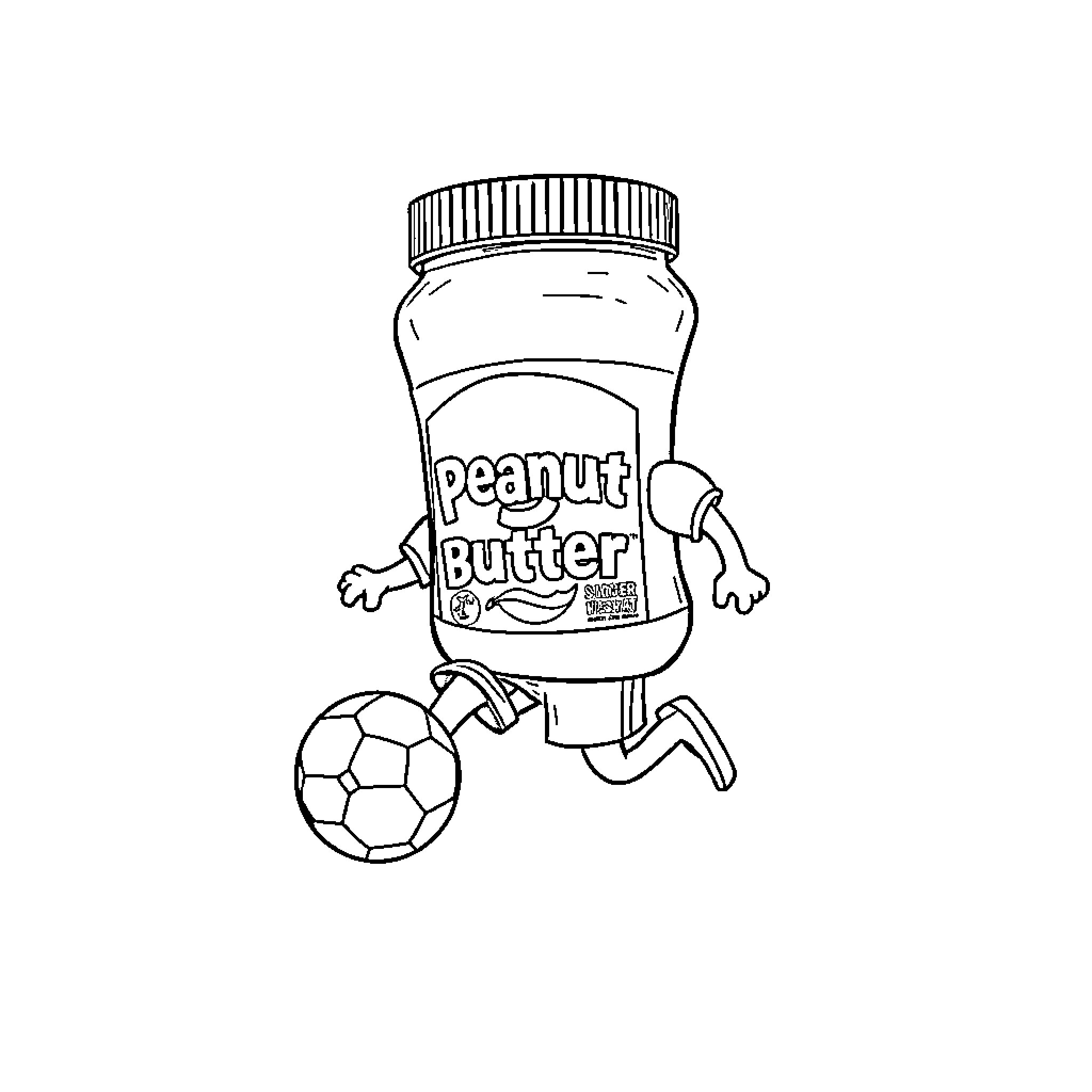 Peanut Butter Jar Playing with Soccer Ball Coloring Page (free black-and-white line drawing printable PDF for all, from beginners to advanced learners, including children, teens, adults, and seniors)