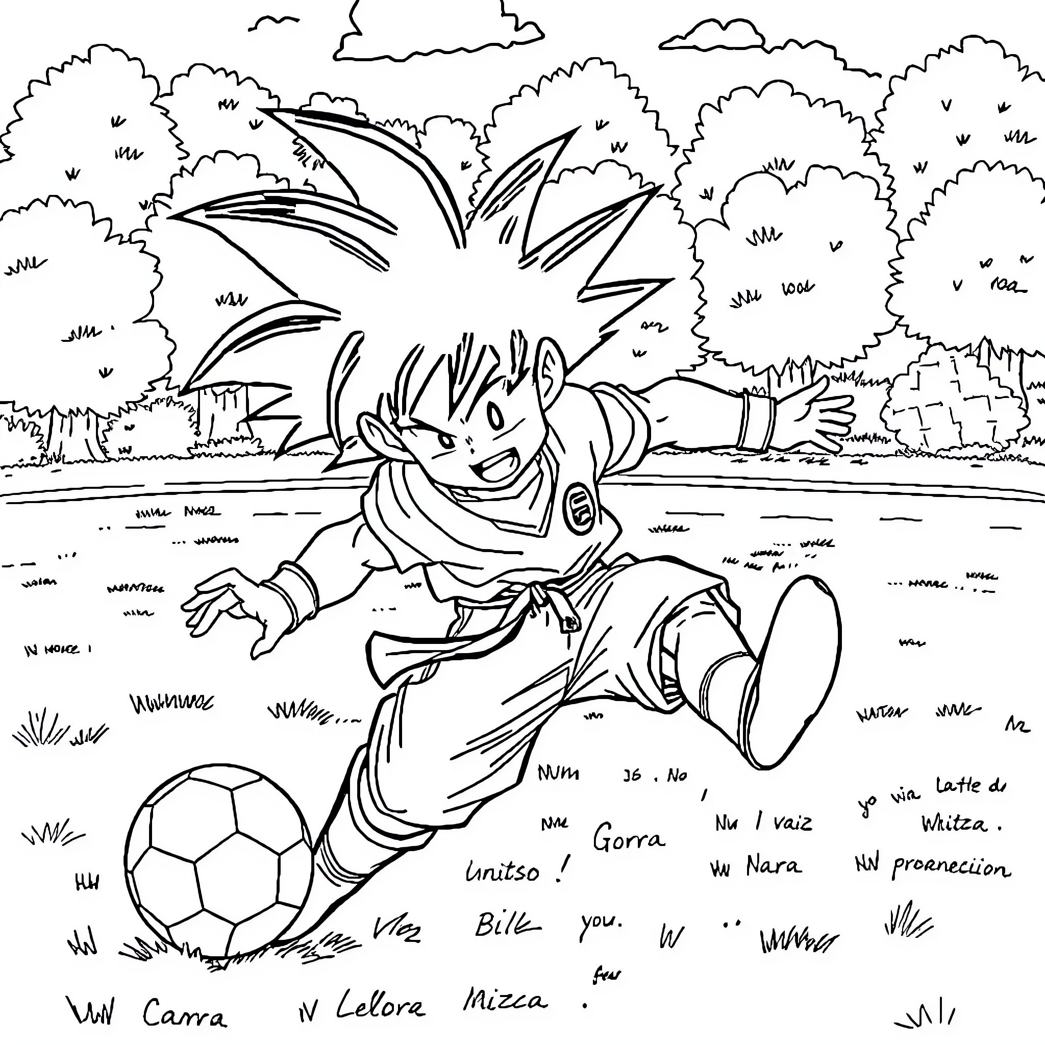 Goku playing soccer joyfully in the park Coloring Page (free black-and-white line drawing printable PDF for all, from beginners to advanced learners, including children, teens, adults, and seniors)