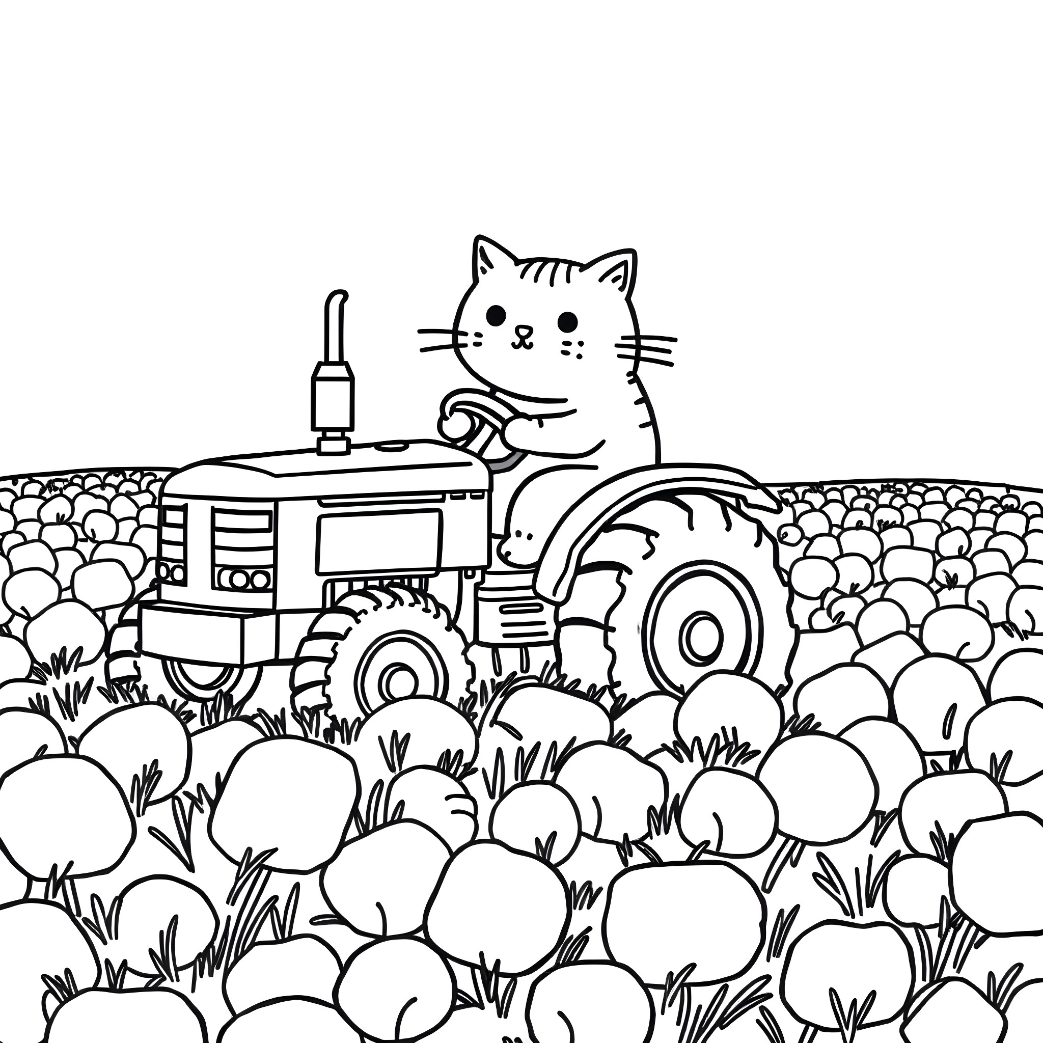 Pusheen operating a tractor in a field Coloring Page (free black-and-white line drawing printable PDF for all, from beginners to advanced learners, including children, teens, adults, and seniors)