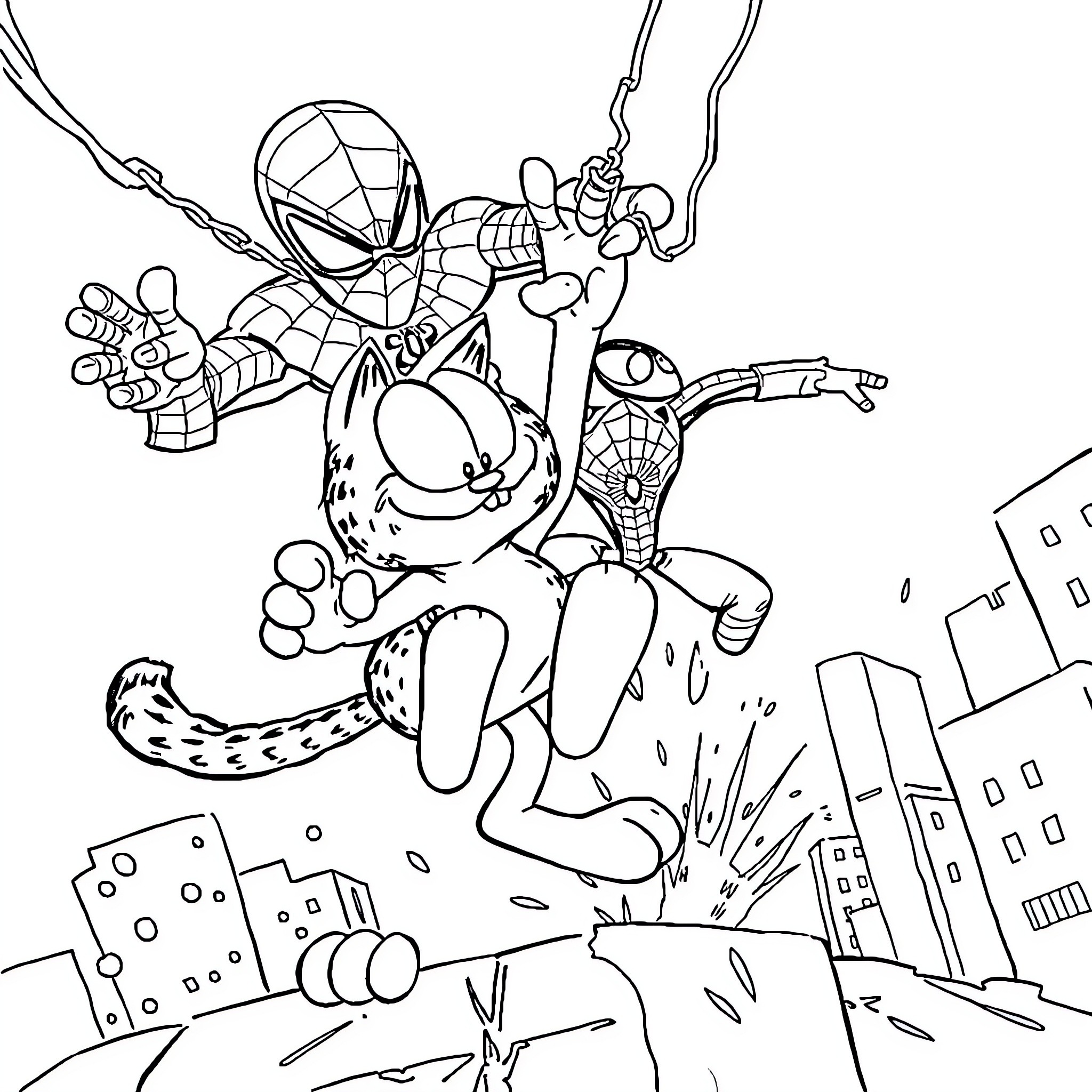 Garfield's Superhero Antics in the City Coloring Page (free black-and-white line drawing printable PDF for all, from beginners to advanced learners, including children, teens, adults, and seniors)