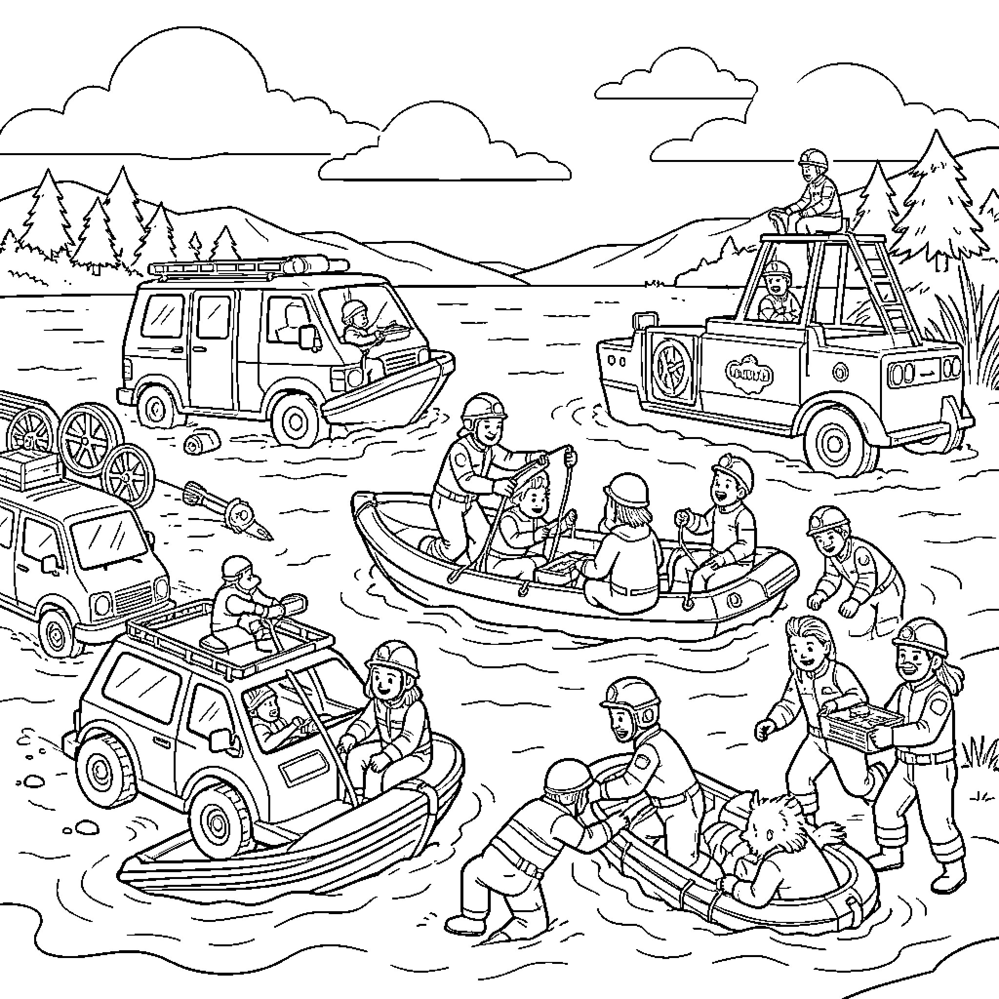 Soccorso in corso con mezzi di salvataggio in acqua Coloring Page (free black-and-white line drawing printable PDF for all, from beginners to advanced learners, including children, teens, adults, and seniors)
