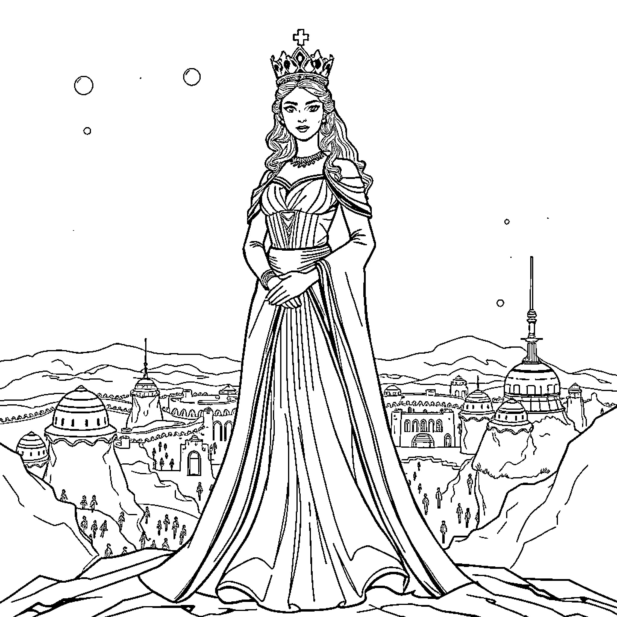 Padmé Amidala in a regal pose overlooking a fantastical landscape Coloring Page (free black-and-white line drawing printable PDF for all, from beginners to advanced learners, including children, teens, adults, and seniors)