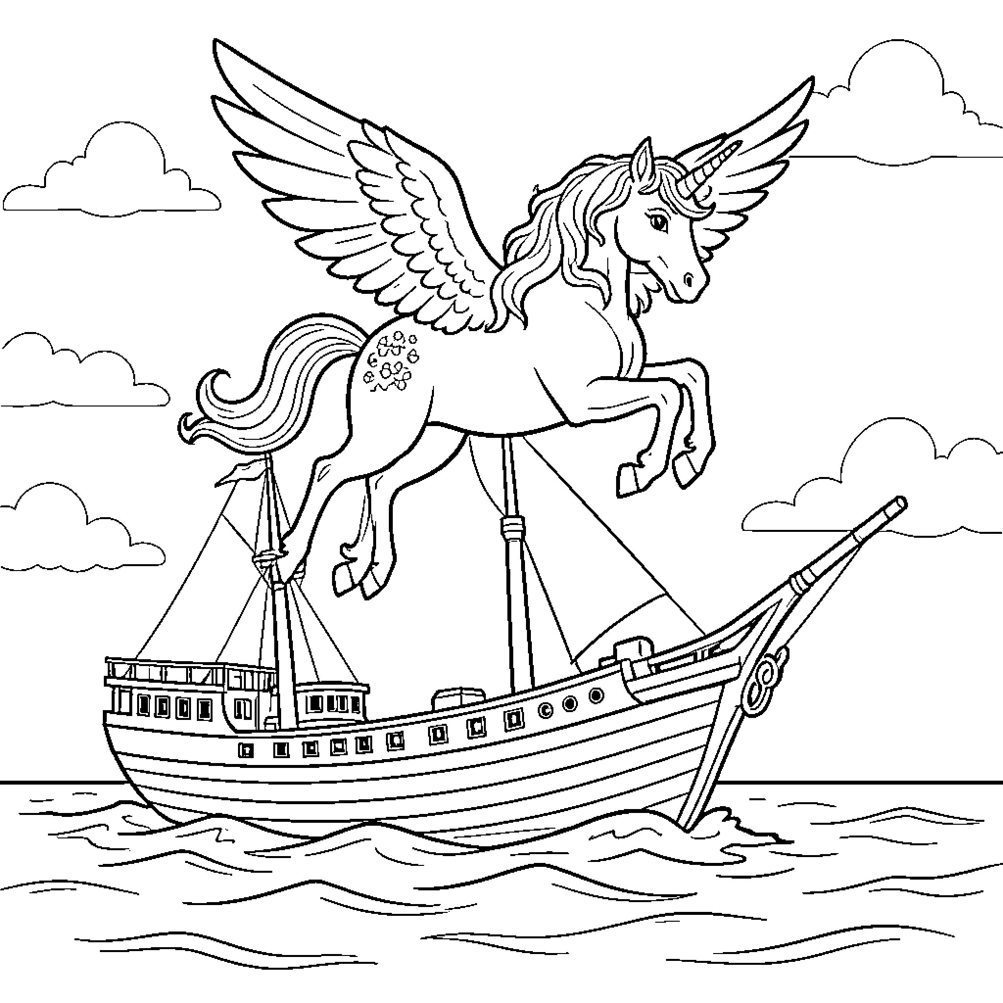 Unicorn soaring above a ship at sea Coloring Page (free black-and-white line drawing printable PDF for all, from beginners to advanced learners, including children, teens, adults, and seniors)