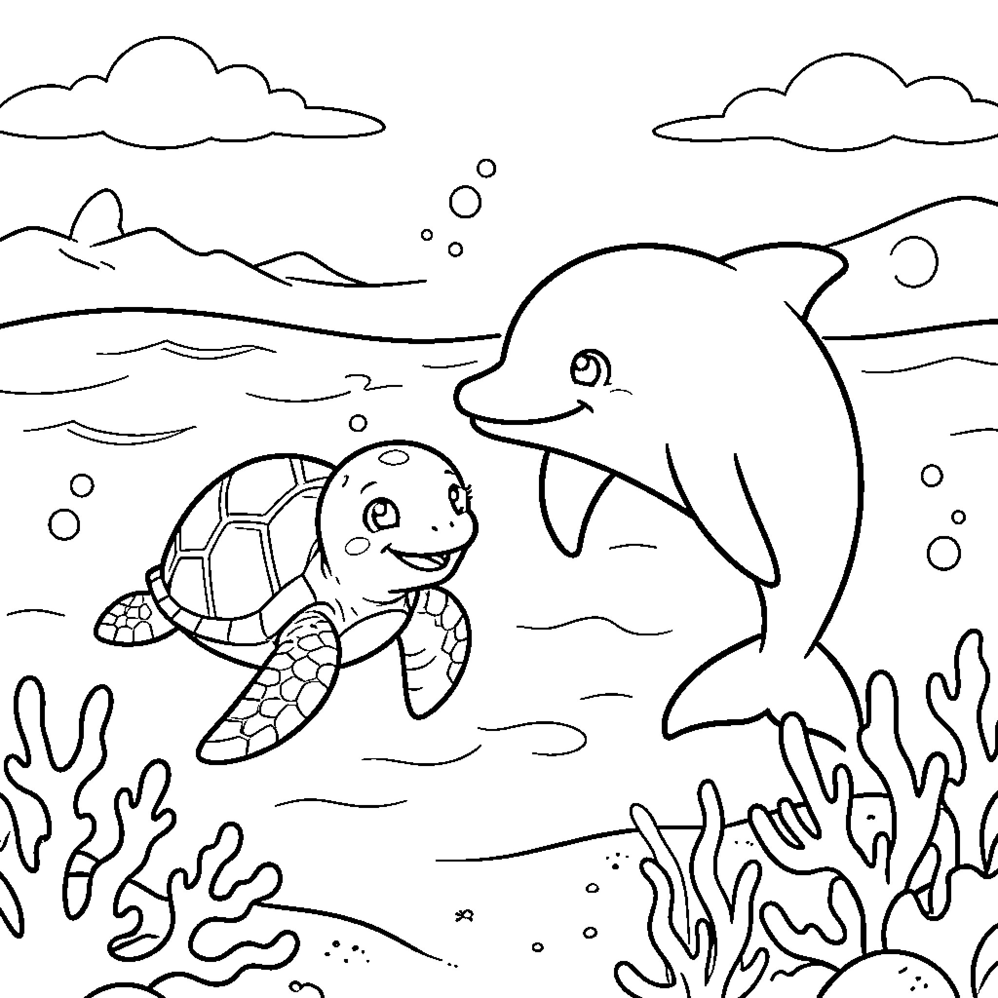 Turtle and dolphin swimming together in the ocean Coloring Page (free black-and-white line drawing printable PDF for all, from beginners to advanced learners, including children, teens, adults, and seniors)