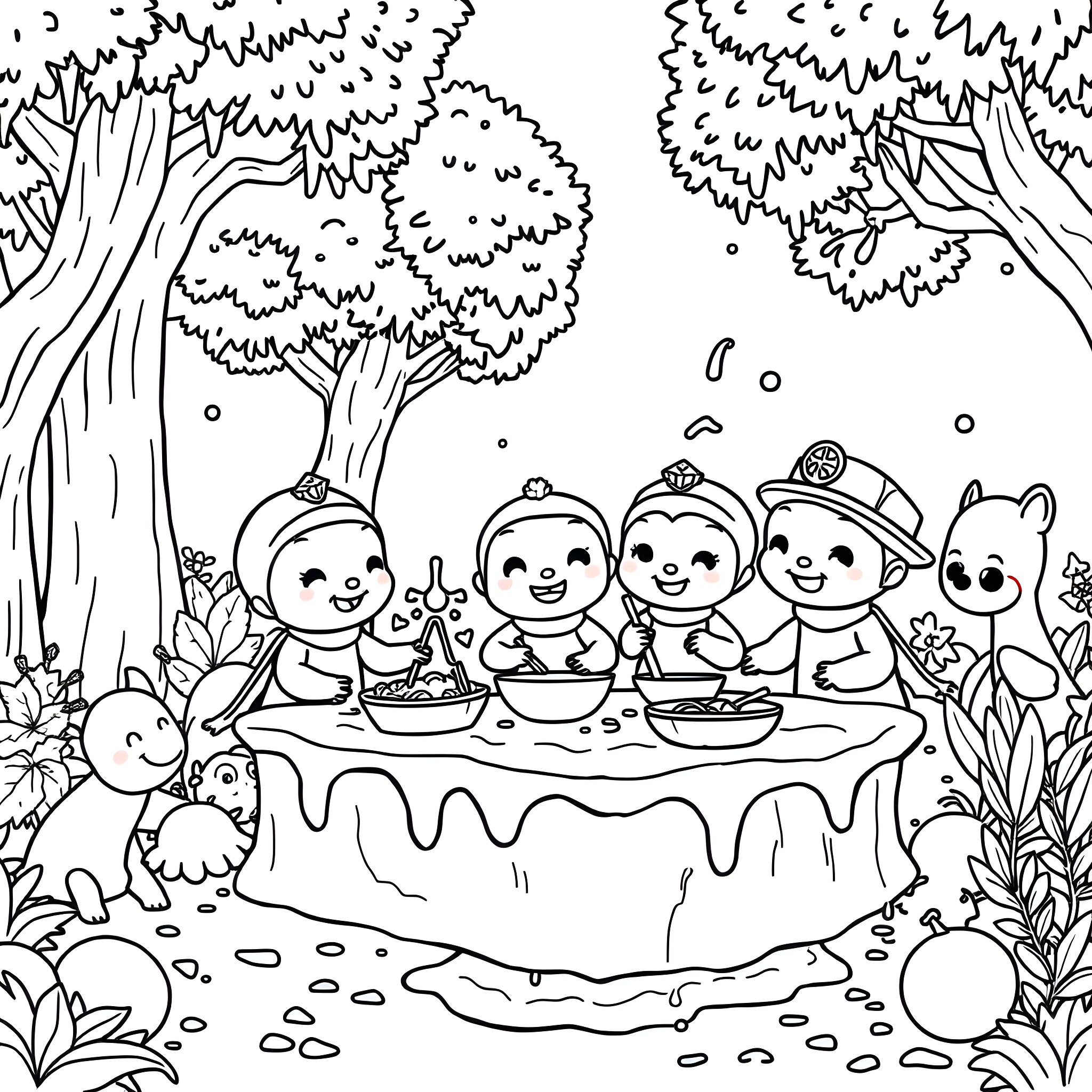 Octonauts having a picnic in the forest Coloring Page (free black-and-white line drawing printable PDF for all, from beginners to advanced learners, including children, teens, adults, and seniors)