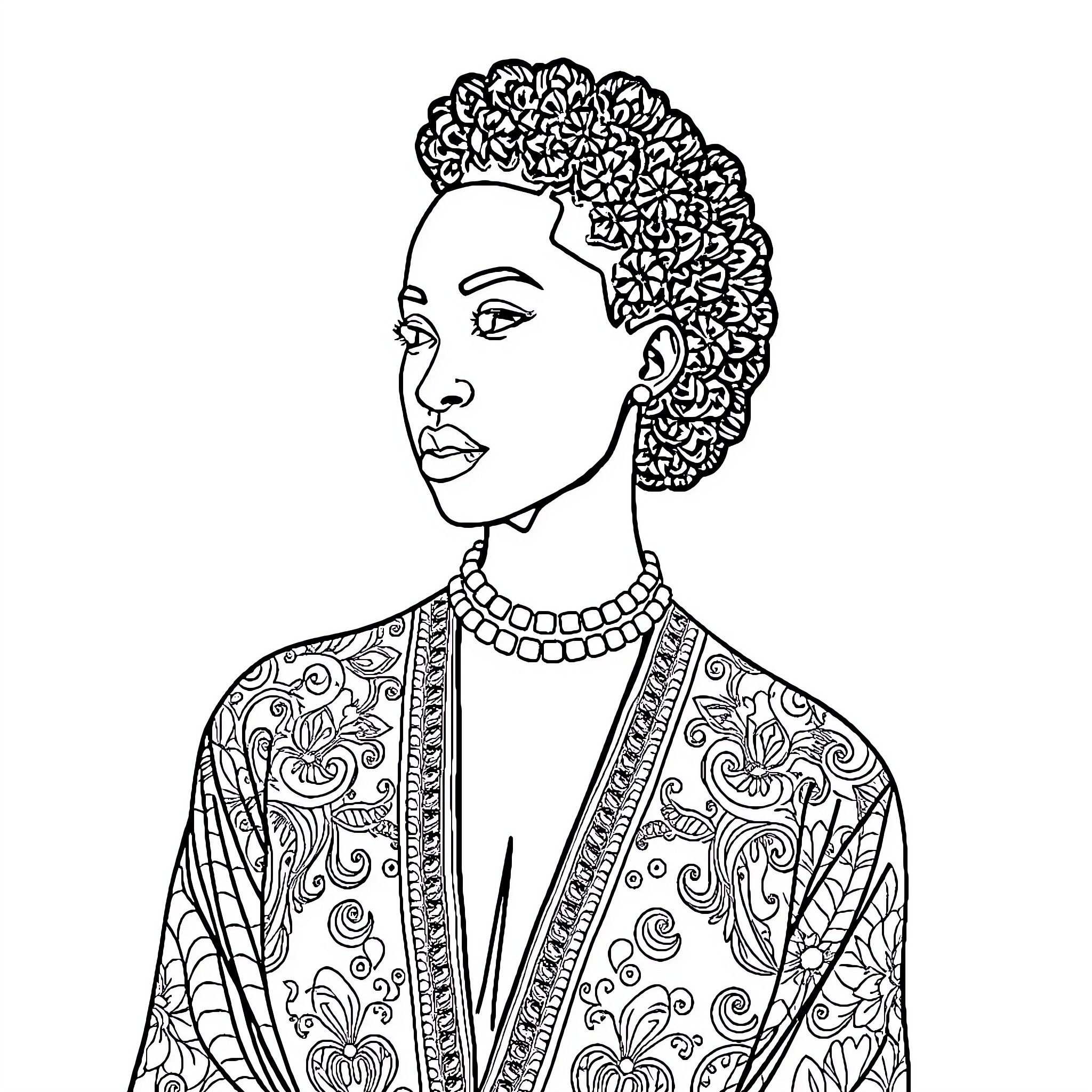 African-American woman with intricate hairstyle and ornate garment Coloring Page (free black-and-white line drawing printable PDF for all, from beginners to advanced learners, including children, teens, adults, and seniors)