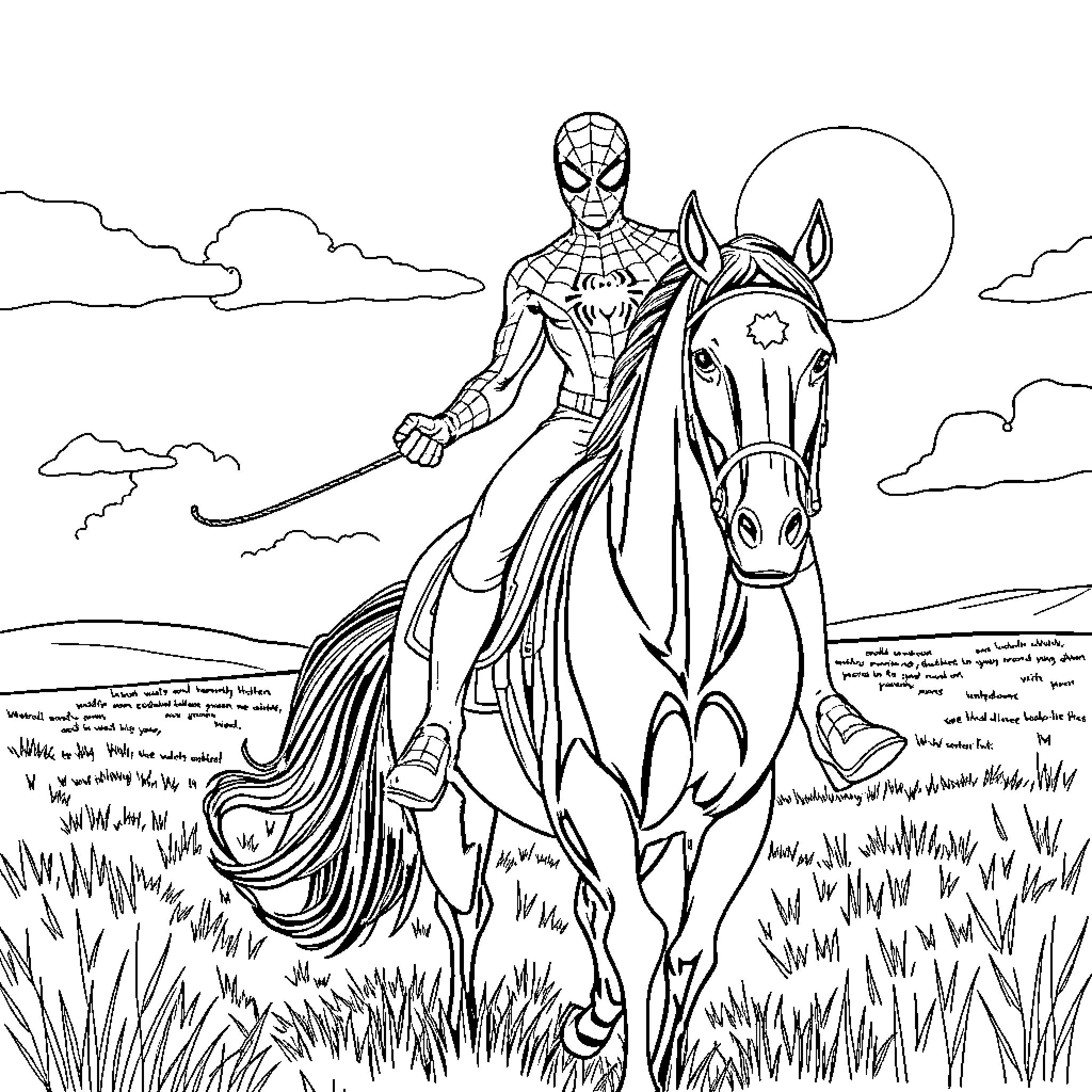 Spiderman riding a majestic horse in the countryside Coloring Page (free black-and-white line drawing printable PDF for all, from beginners to advanced learners, including children, teens, adults, and seniors)