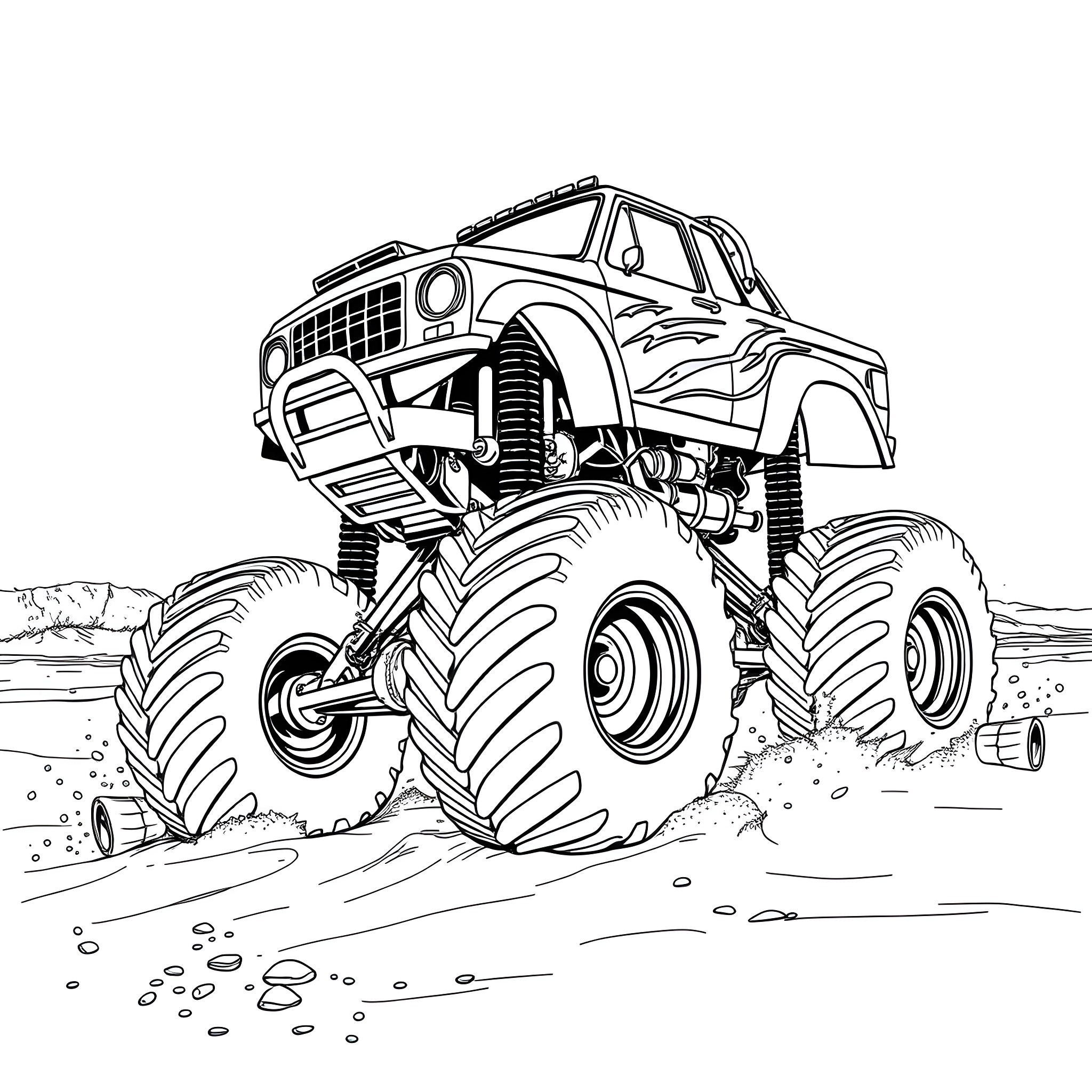 Monster Truck Crushing Obstacles in the Wilderness Coloring Page (free black-and-white line drawing printable PDF for all, from beginners to advanced learners, including children, teens, adults, and seniors)