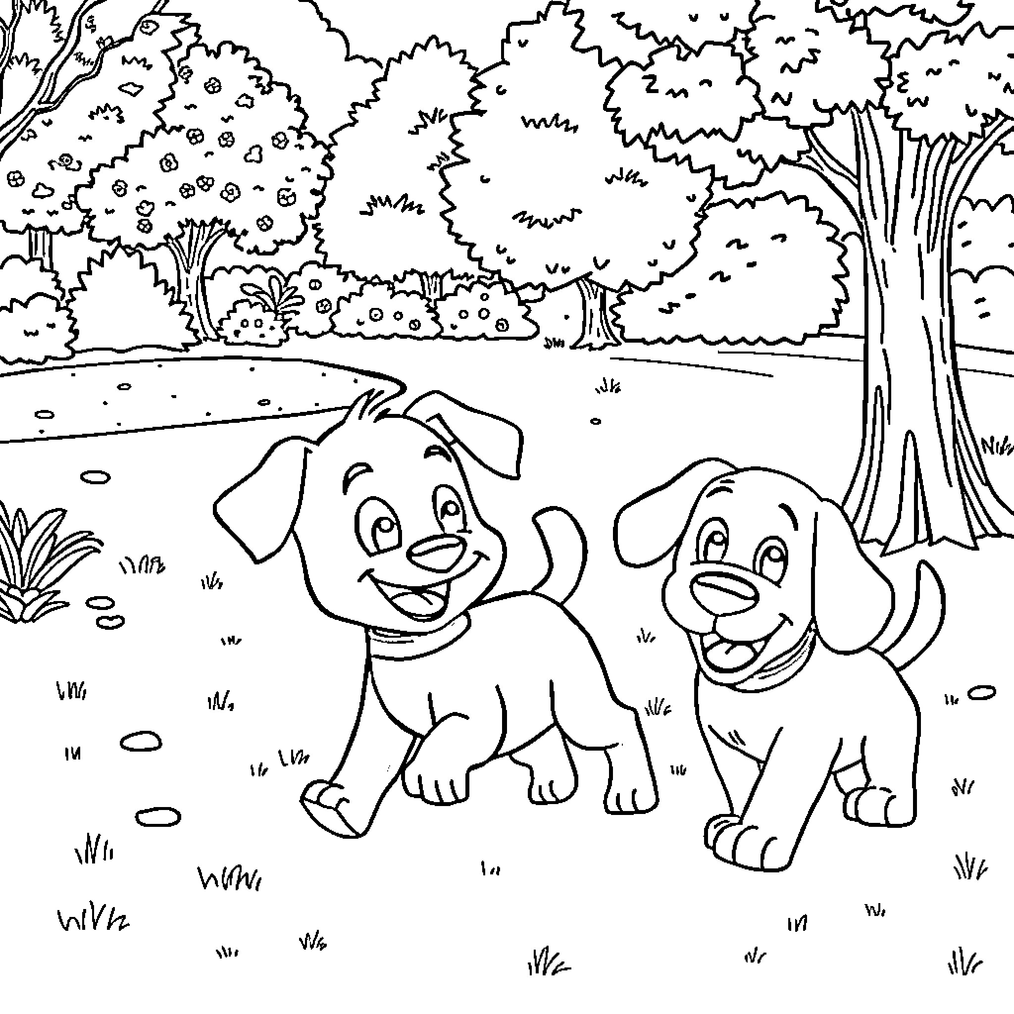 Bluey and Friends Explore the Enchanting Forest Coloring Page (free black-and-white line drawing printable PDF for all, from beginners to advanced learners, including children, teens, adults, and seniors)