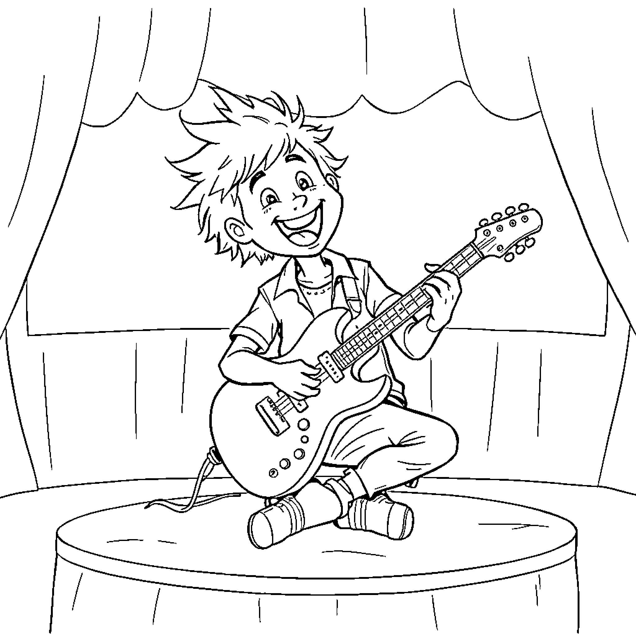Eddie Performing on Stage with Guitar Coloring Page (free black-and-white line drawing printable PDF for all, from beginners to advanced learners, including children, teens, adults, and seniors)