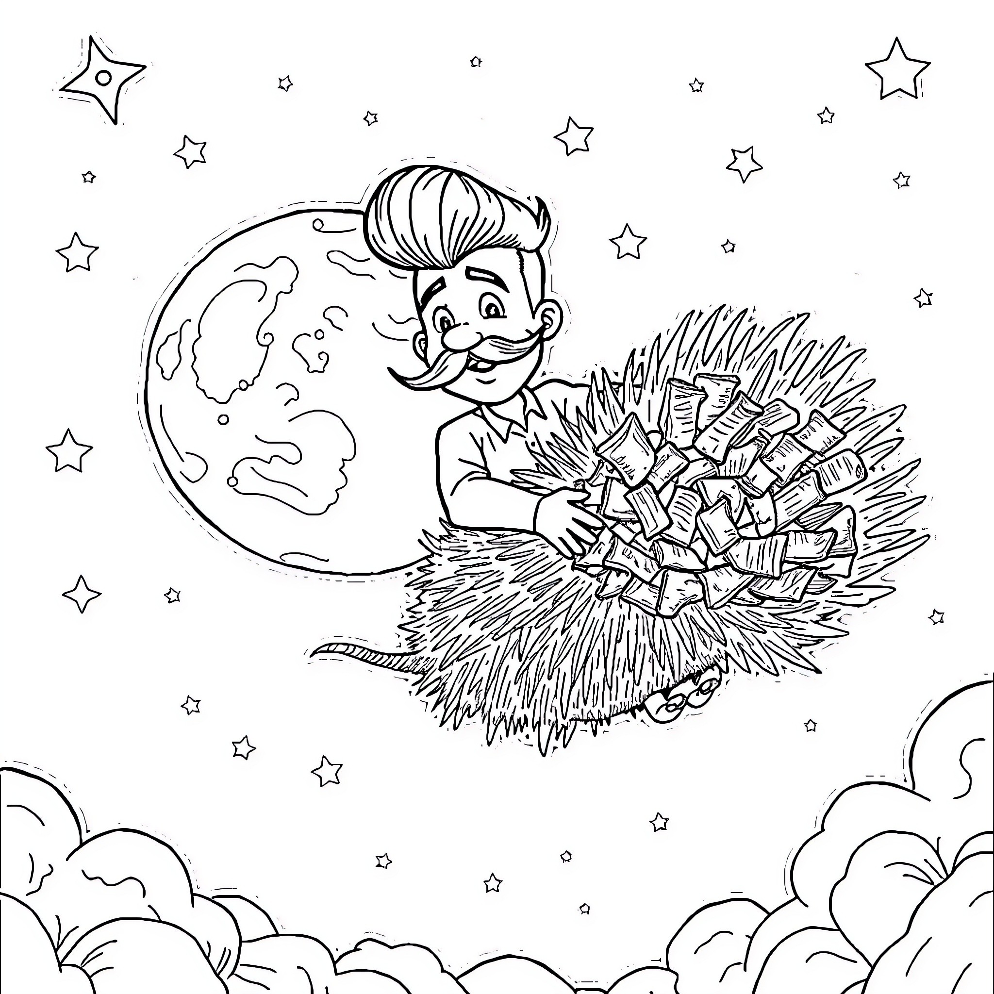 Guy floating on a cloud with stars Coloring Page (free black-and-white line drawing printable PDF for all, from beginners to advanced learners, including children, teens, adults, and seniors)