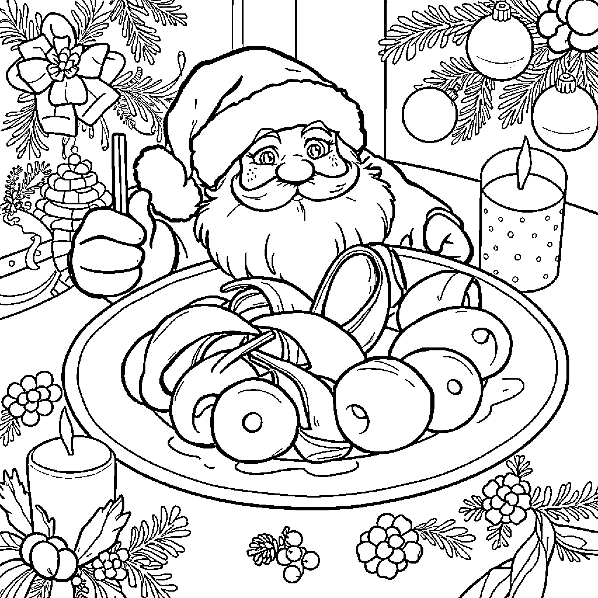 Escargot feast with a jolly Santa Claus Coloring Page (free black-and-white line drawing printable PDF for all, from beginners to advanced learners, including children, teens, adults, and seniors)