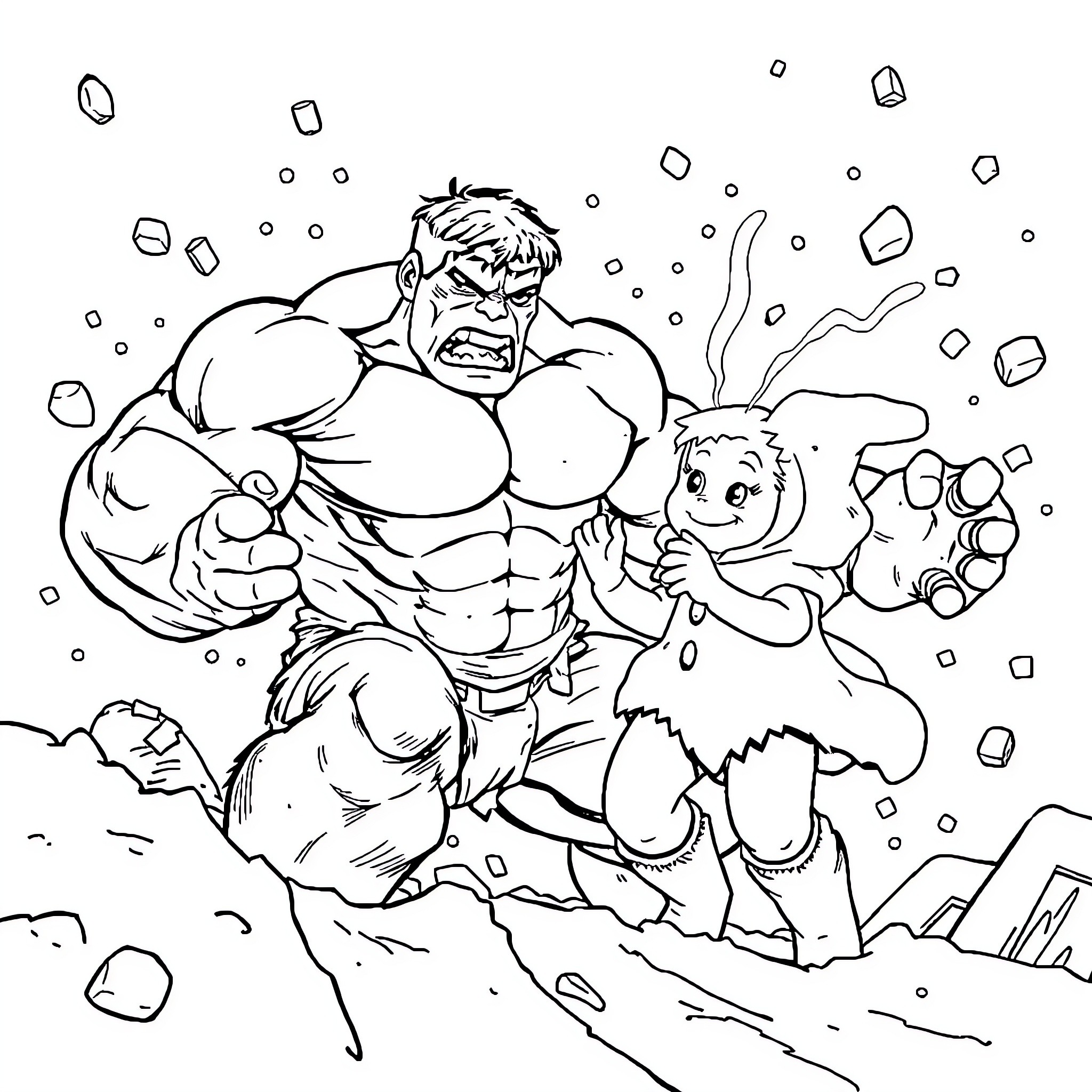 Hulk demolishing a snowy landscape with a companion Coloring Page (free black-and-white line drawing printable PDF for all, from beginners to advanced learners, including children, teens, adults, and seniors)