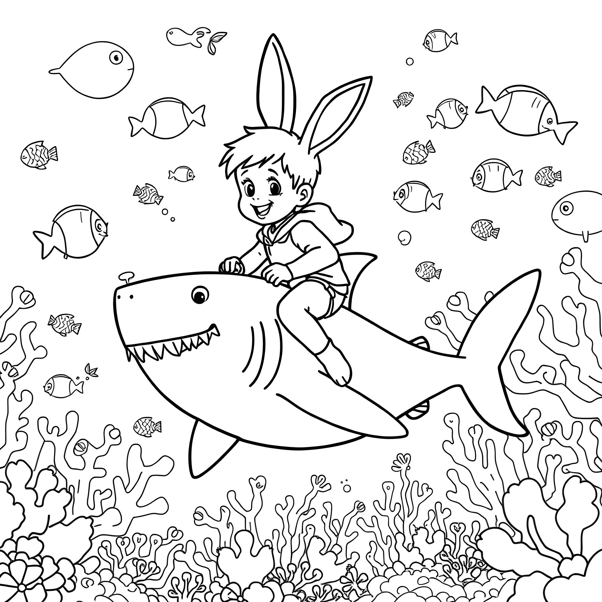 Boy riding a shark with sea creatures Coloring Page (free black-and-white line drawing printable PDF for all, from beginners to advanced learners, including children, teens, adults, and seniors)