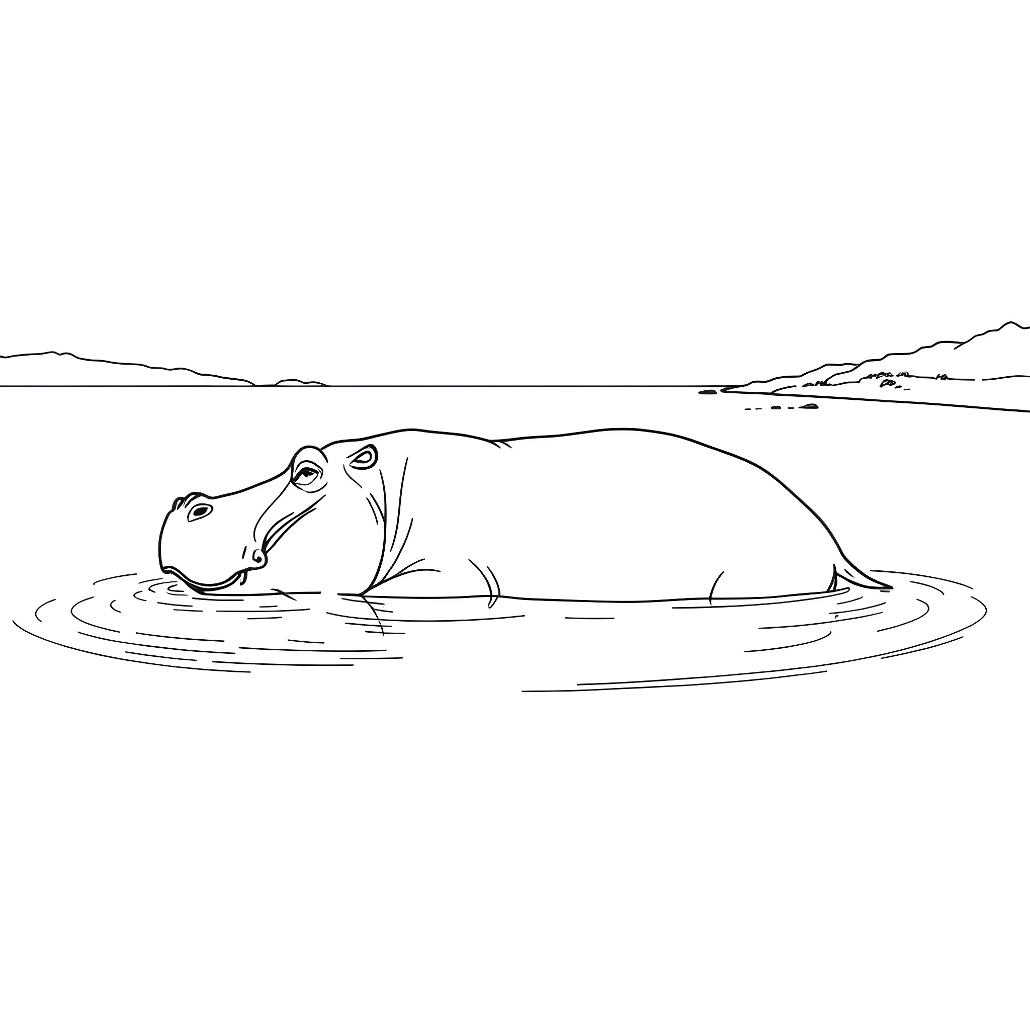Hippopotamus relaxing in the water Coloring Page (free black-and-white line drawing printable PDF for all, from beginners to advanced learners, including children, teens, adults, and seniors)