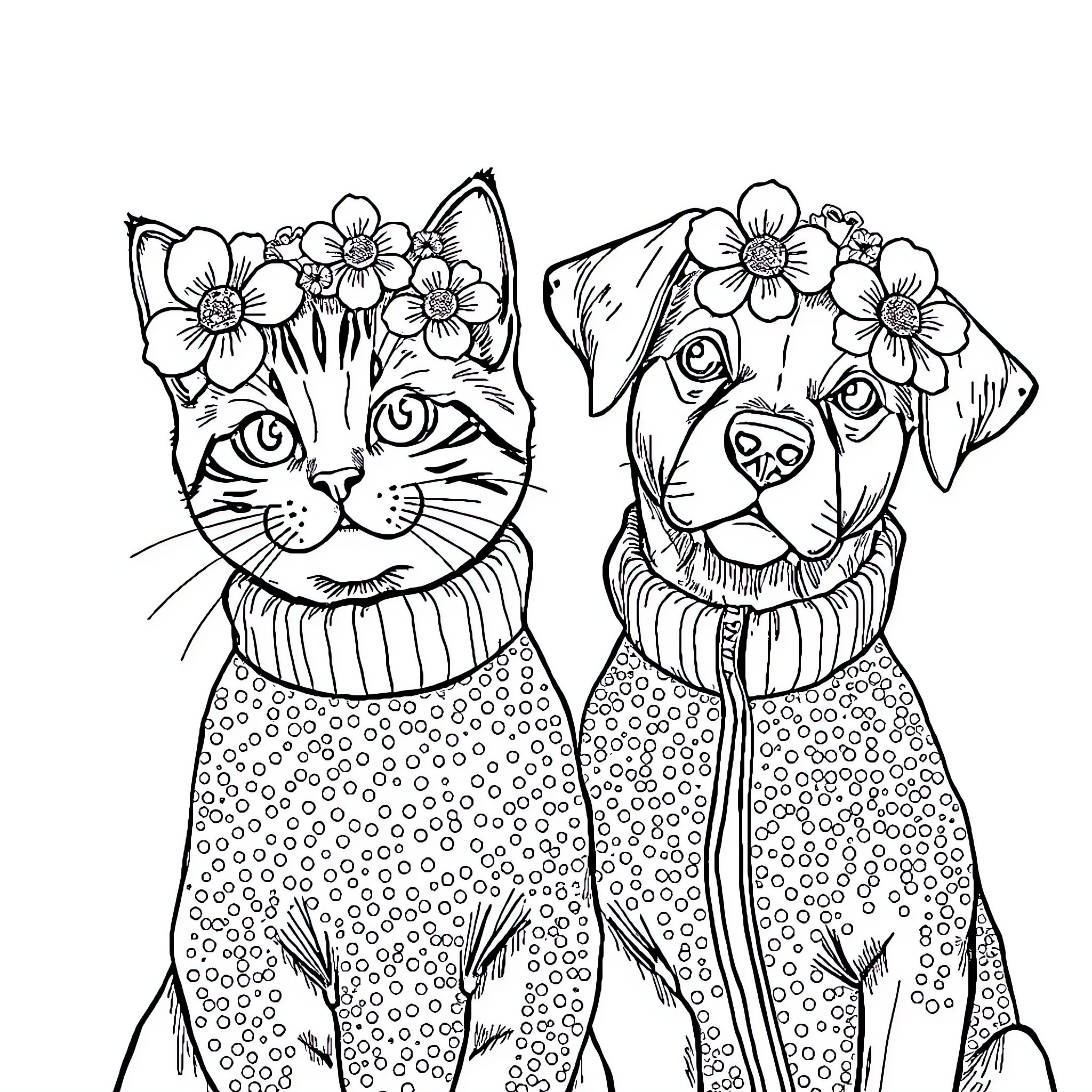 Cat and Dog with Floral Crowns Coloring Page (free black-and-white line drawing printable PDF for all, from beginners to advanced learners, including children, teens, adults, and seniors)