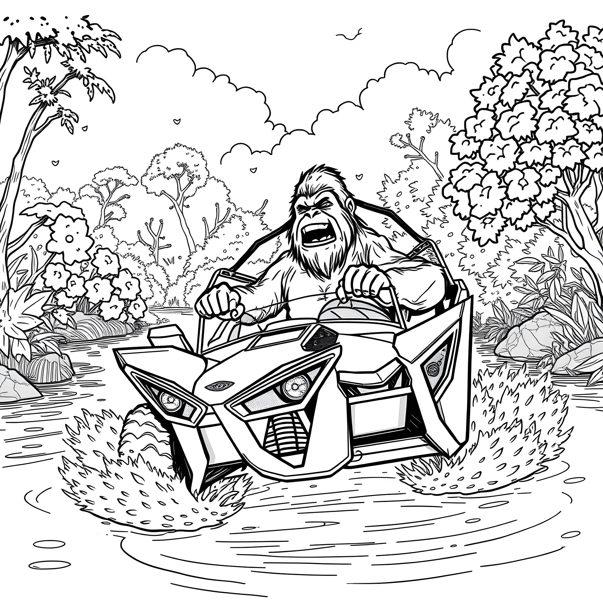 Bigfoot riding an all-terrain vehicle through the wilderness Coloring Page (free black-and-white line drawing printable PDF for all, from beginners to advanced learners, including children, teens, adults, and seniors)