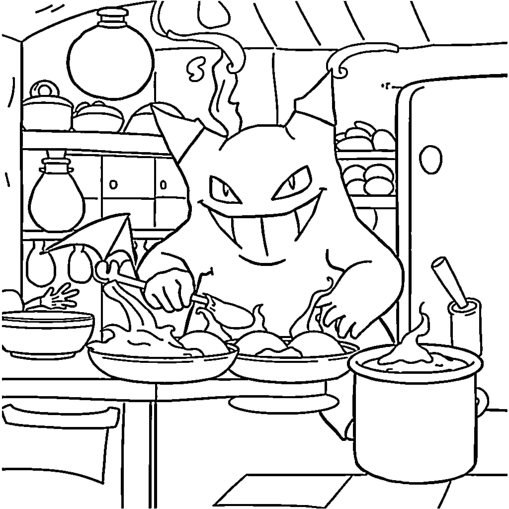 Gengar cooking up mischief in the kitchen Coloring Page (free black-and-white line drawing printable PDF for all, from beginners to advanced learners, including children, teens, adults, and seniors)