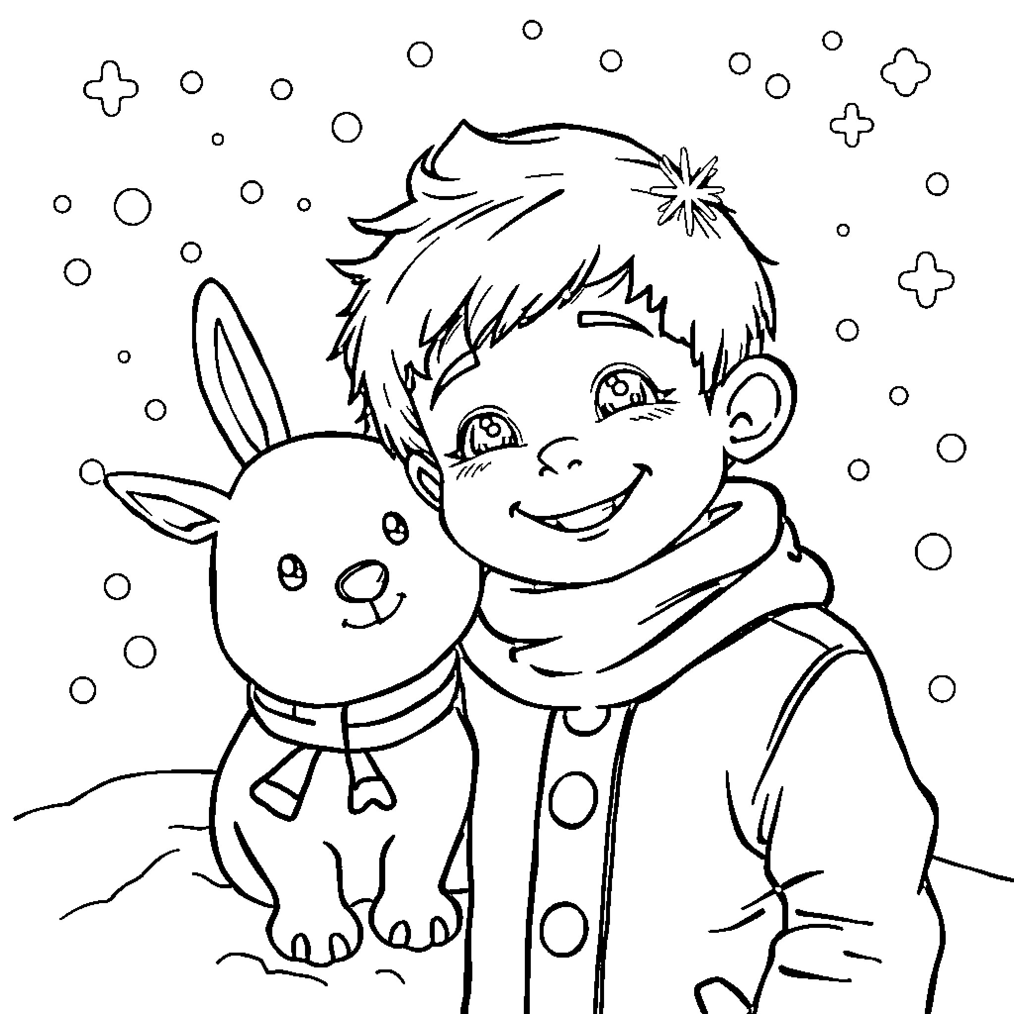 Boy playing with cute animal in winter scene Coloring Page (free black-and-white line drawing printable PDF for all, from beginners to advanced learners, including children, teens, adults, and seniors)