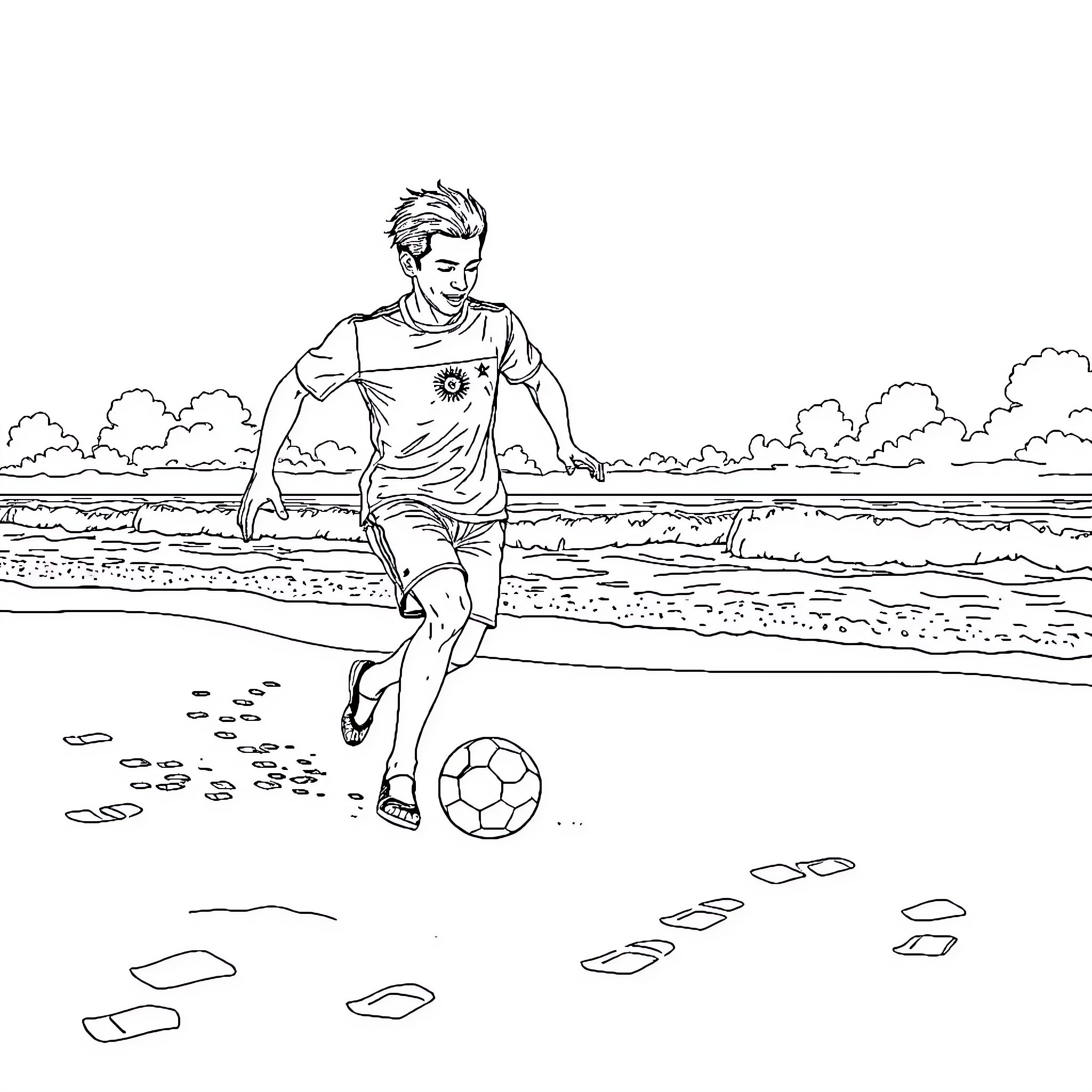 Argentinian Footballer Dribbling on the Beach Coloring Page (free black-and-white line drawing printable PDF for all, from beginners to advanced learners, including children, teens, adults, and seniors)