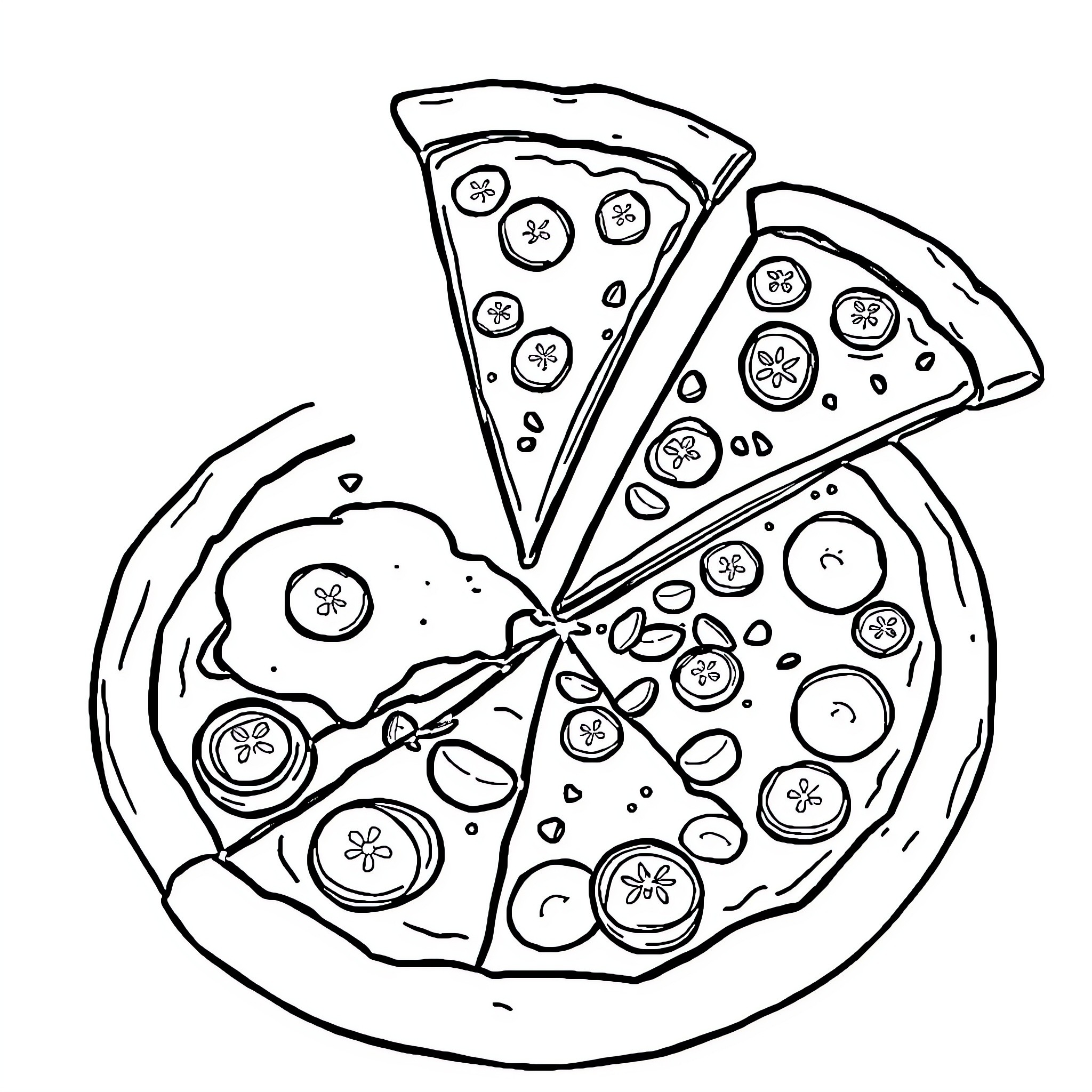 Pizza slices on a plate with toppings Coloring Page (free black-and-white line drawing printable PDF for all, from beginners to advanced learners, including children, teens, adults, and seniors)