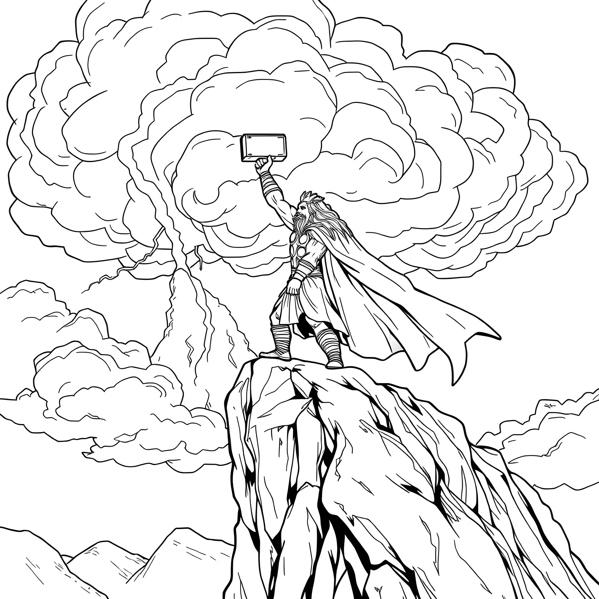 Thor Wielding Mjolnir Amidst Stormy Skies Coloring Page (free black-and-white line drawing printable PDF for all, from beginners to advanced learners, including children, teens, adults, and seniors)