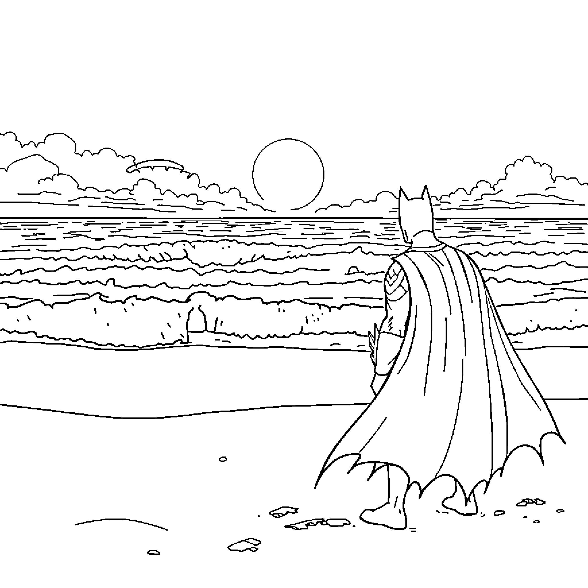 Batman gazing over the serene ocean landscape Coloring Page (free black-and-white line drawing printable PDF for all, from beginners to advanced learners, including children, teens, adults, and seniors)