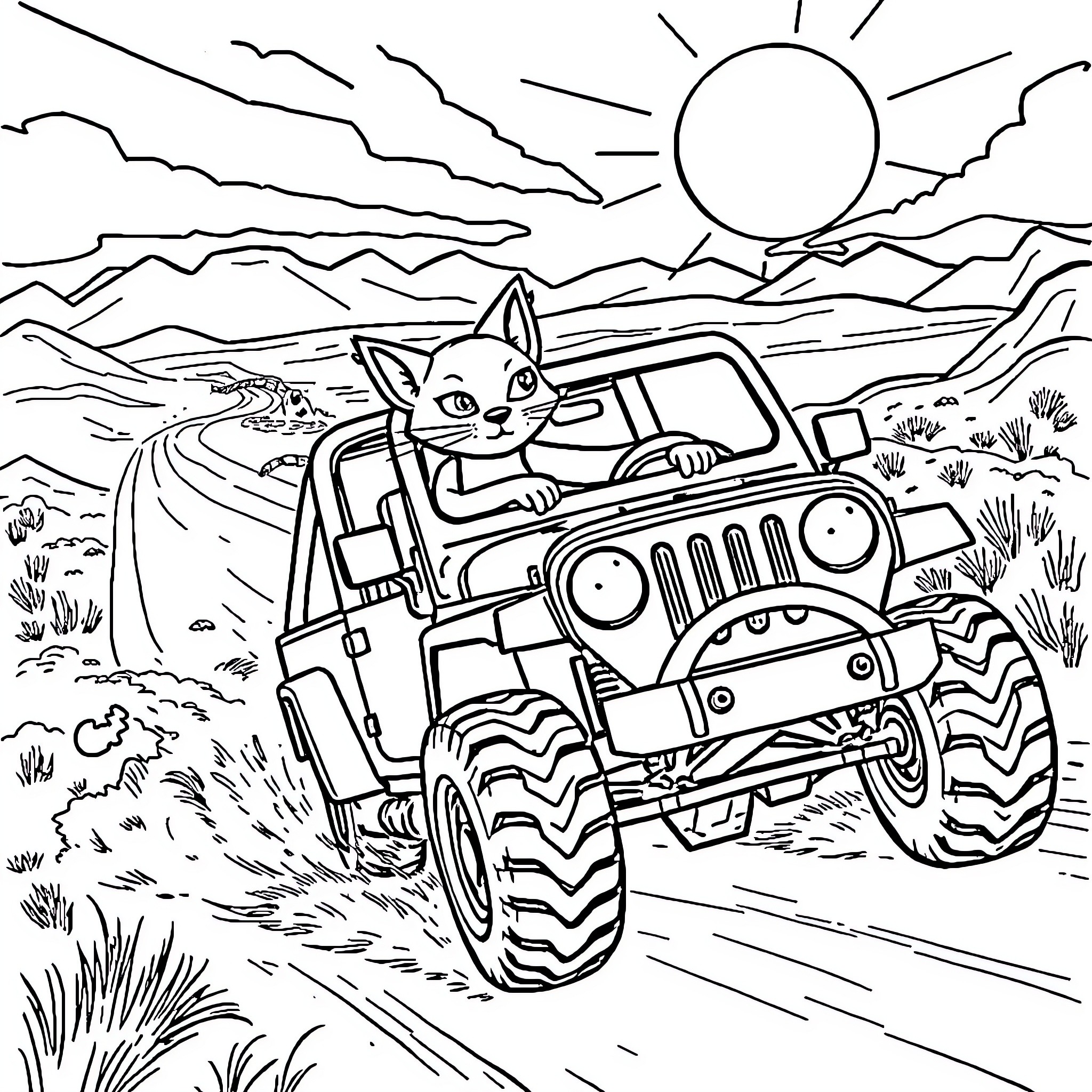 CatRat off-roading adventure in the wilderness Coloring Page (free black-and-white line drawing printable PDF for all, from beginners to advanced learners, including children, teens, adults, and seniors)