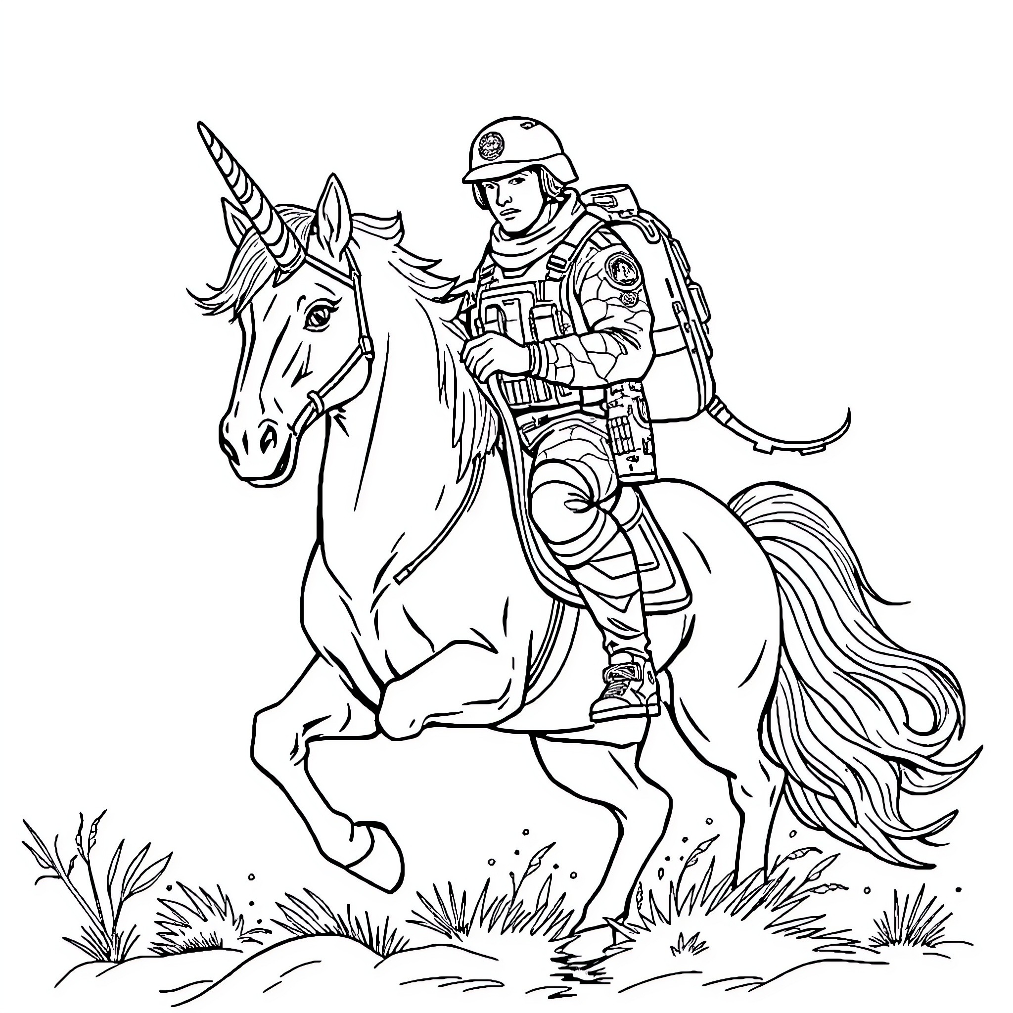 Marine soldier riding a majestic unicorn on the battlefield Coloring Page (free black-and-white line drawing printable PDF for all, from beginners to advanced learners, including children, teens, adults, and seniors)