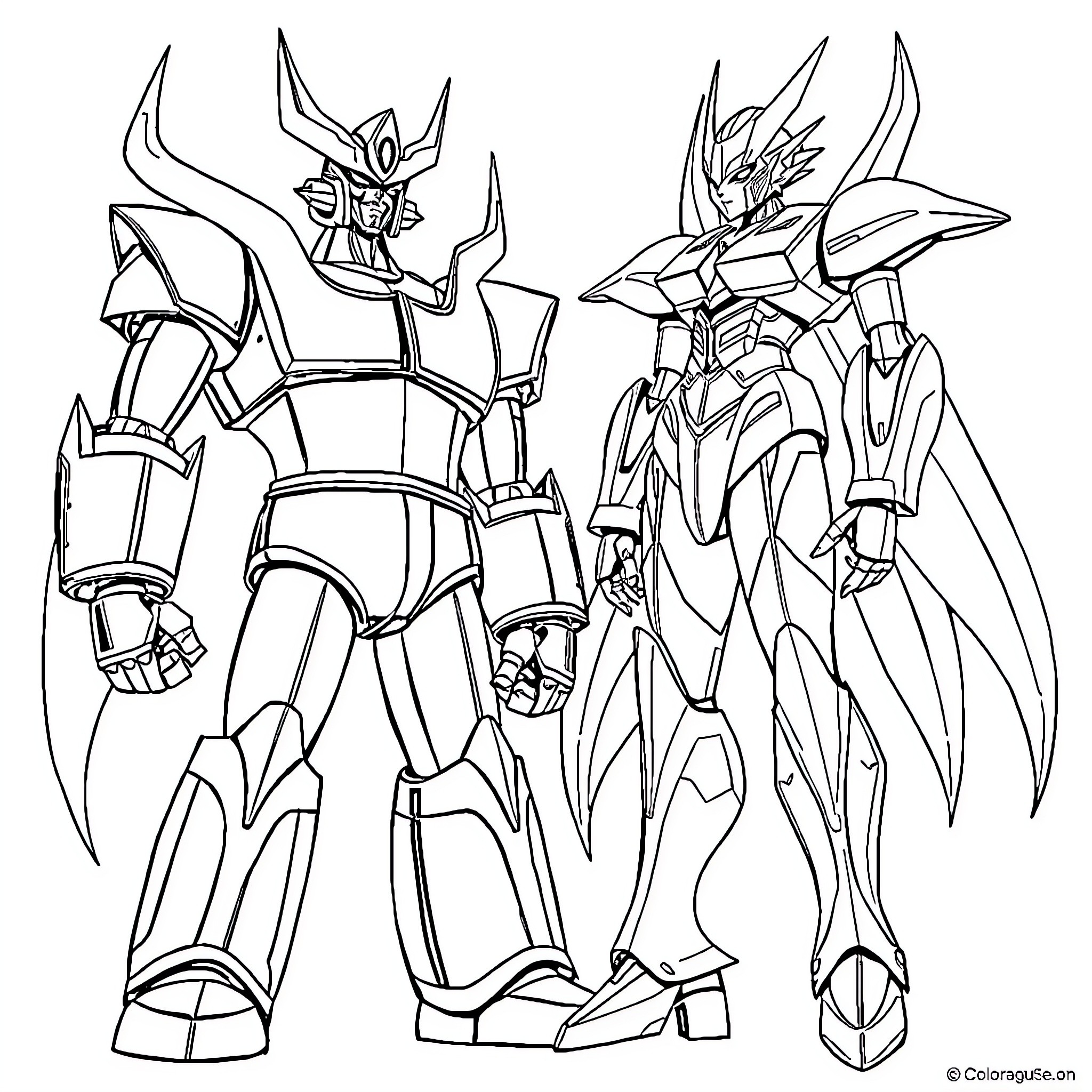 Mazinger Z heroic mecha in dynamic action poses Coloring Page (free black-and-white line drawing printable PDF for all, from beginners to advanced learners, including children, teens, adults, and seniors)